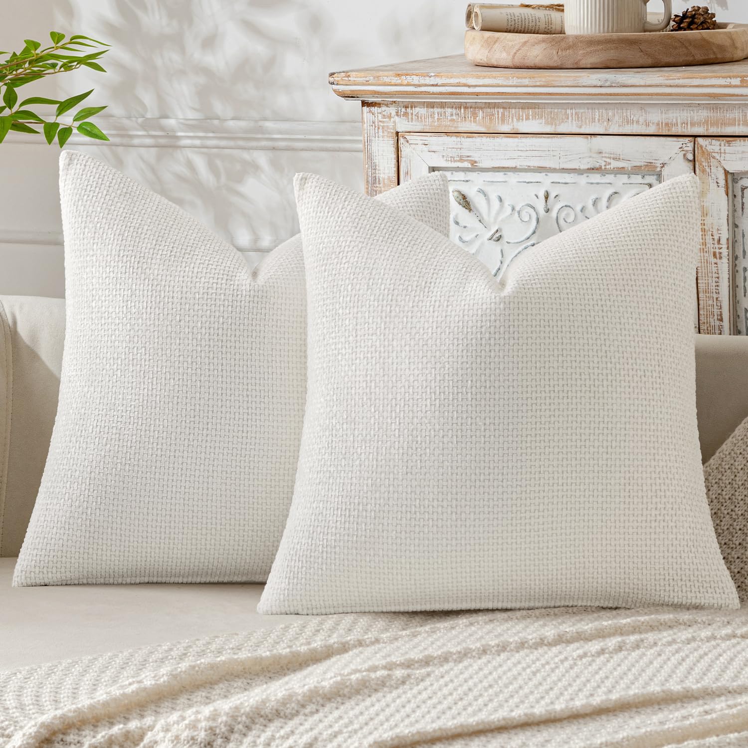 MIULEE Pack of 2 Couch Throw Pillow Covers 18x18 Inch Neutral Beige Modern Boho Accent Decorative Pillow Covers Soft Chenille Farmhouse Cushion Covers for Home Decor Bed Sofa Living Room
