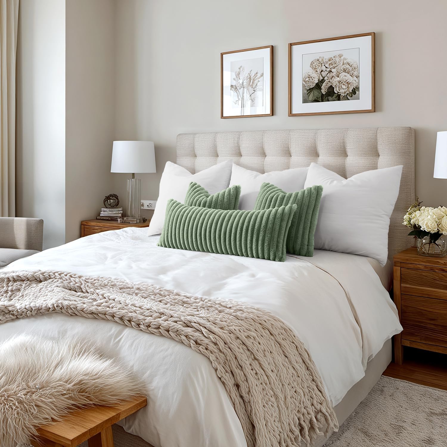 MIULEE Faux Fur Decorative Throw Pillow Covers 18x18 Inch Set of 2, Modern Spring Home Decor Soft Plush Couch Pillows Cozy Fluffy Cushion Covers for Sofa Bed Sage Green