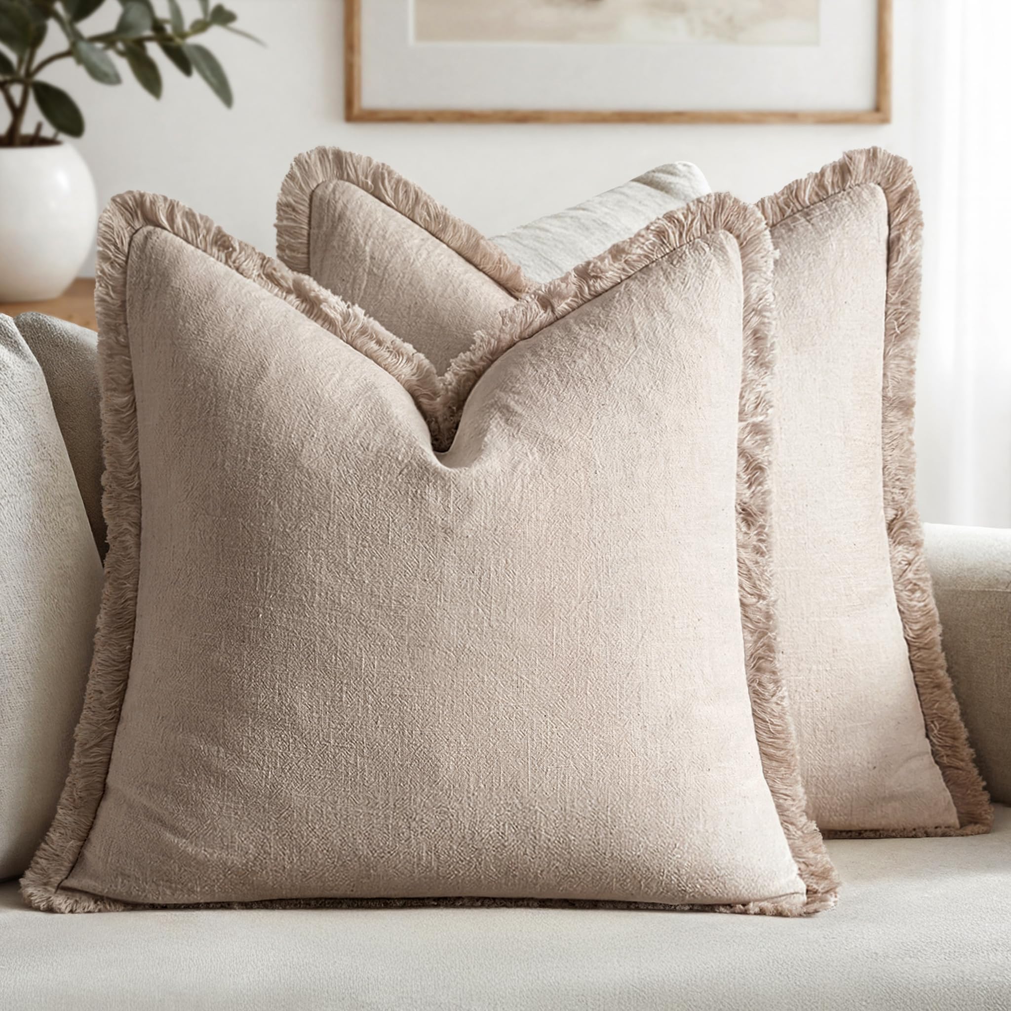 MIULEE Decorative Throw Pillow Covers Neutral Linen Fringe Throw Pillows Set of 2 Natural Beige Boho Farmhouse Cushion Covers with Tassels for Couch Sofa Bed Spring Home Decor 20x20 Inch
