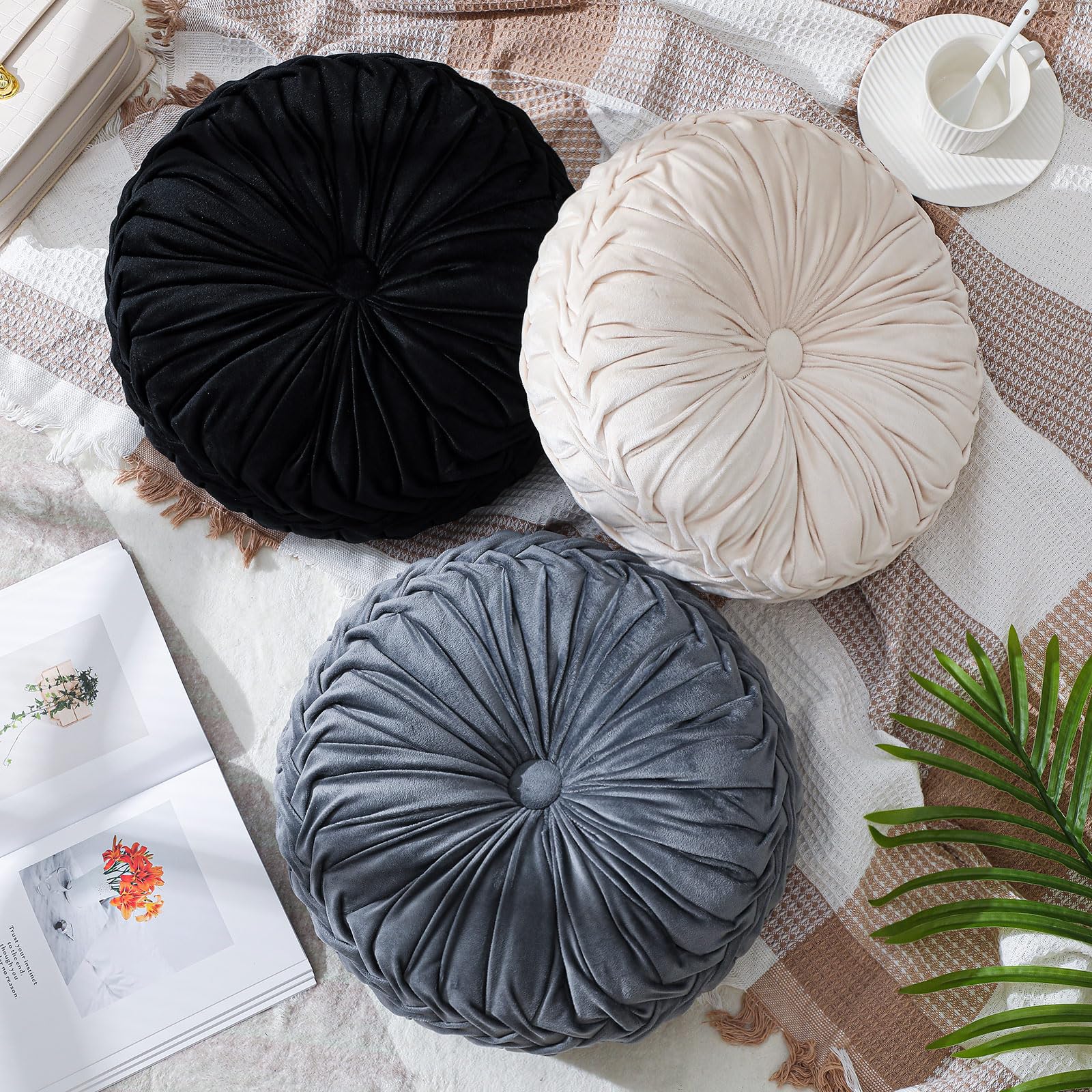 Drydiet 1 Pcs Round Throw Velvet Pillows Decorative Pleated Throw Pillows 15'' Diameter Accent Pumpkin Boho Chair Cushion for Couch Sofa Home Decoration (Olive Green)