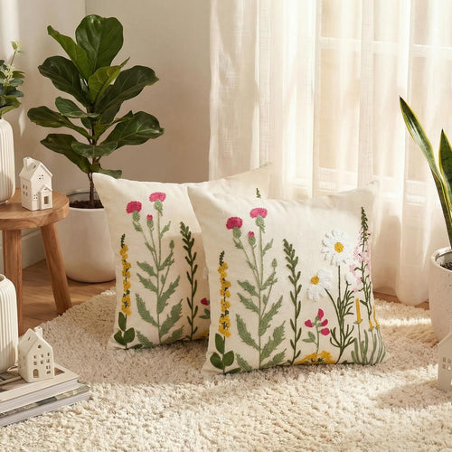 AVOIN colorlife Spring Summer Floral Daisy Embroidered Throw Pillow Covers, 18 x 18 Inch Beige Colorful Flowers Decorative Tufted Patterned Linen Cushion Case for Sofa Couch Set of 2