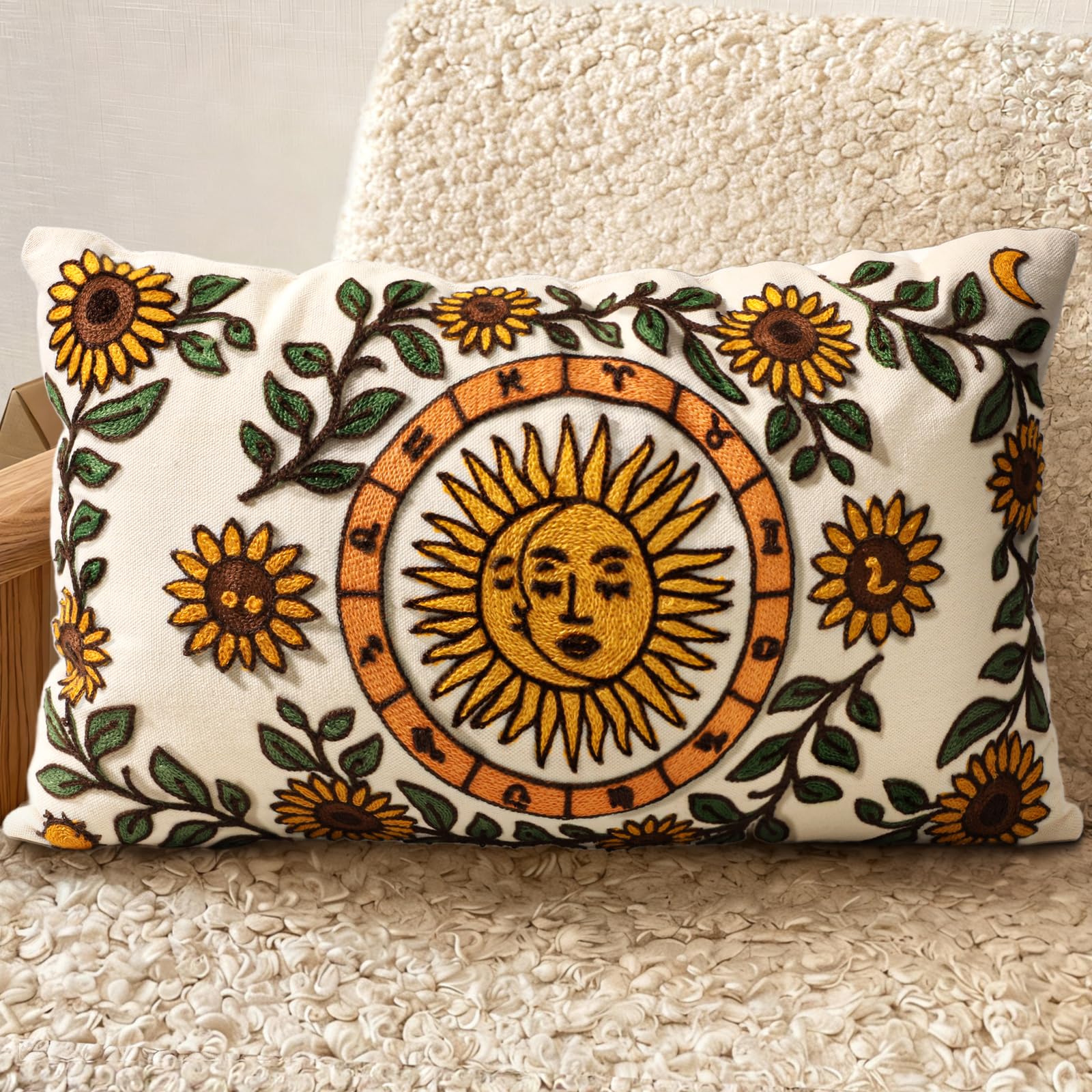 Embroidered Throw Pillow Cover 18x18 Inch - Spring Summer Boho Decorative Pillow Cover with Zipper for Living Room Couch Sofa Bed Aesthetic Design Flower Cluster Cushion Pillowcase