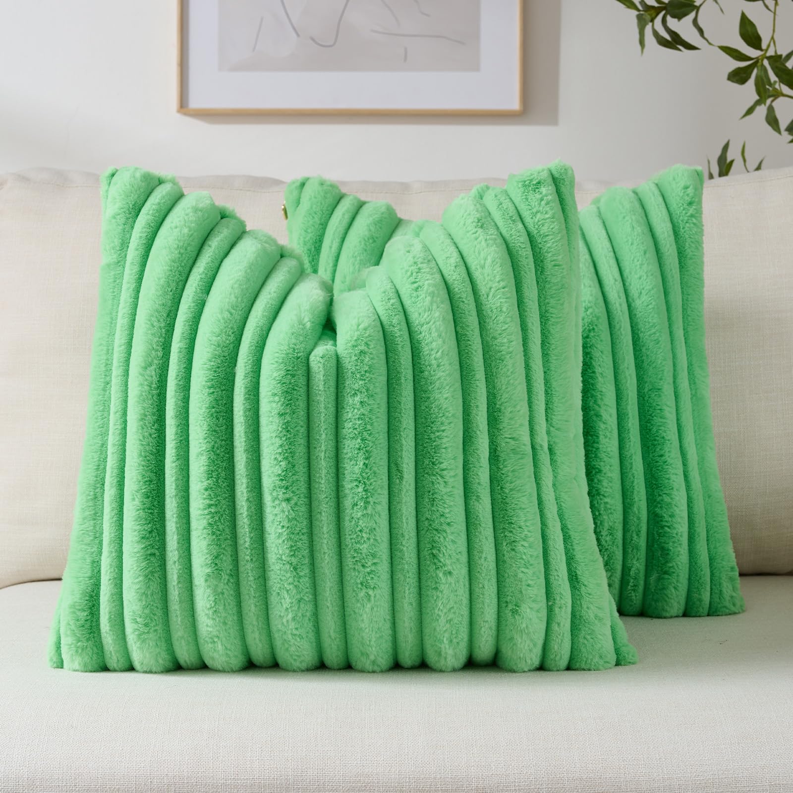 FUTEI Camel Decorative Throw Pillow Covers 18x18 Inch Set of 2,Soft Fluffy Faux Rabbit Fur Thick & Thin Striped Textured Cushion Case,Modern Home Decor for Couch Bed Living Room