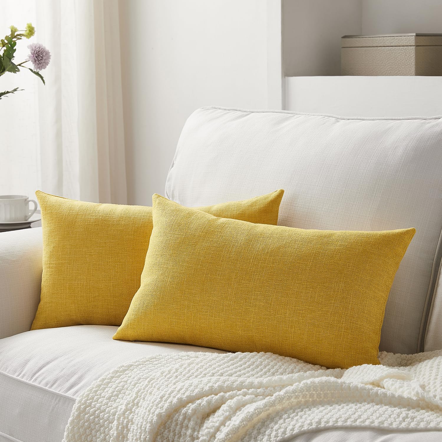 Meekio Set of 2 Ivory Throw Pillow Covers 22x22, Modern Farmhouse Linen Blend Decorative Pillow Covers for Couch Sofa Bed, Neutral Home Decor