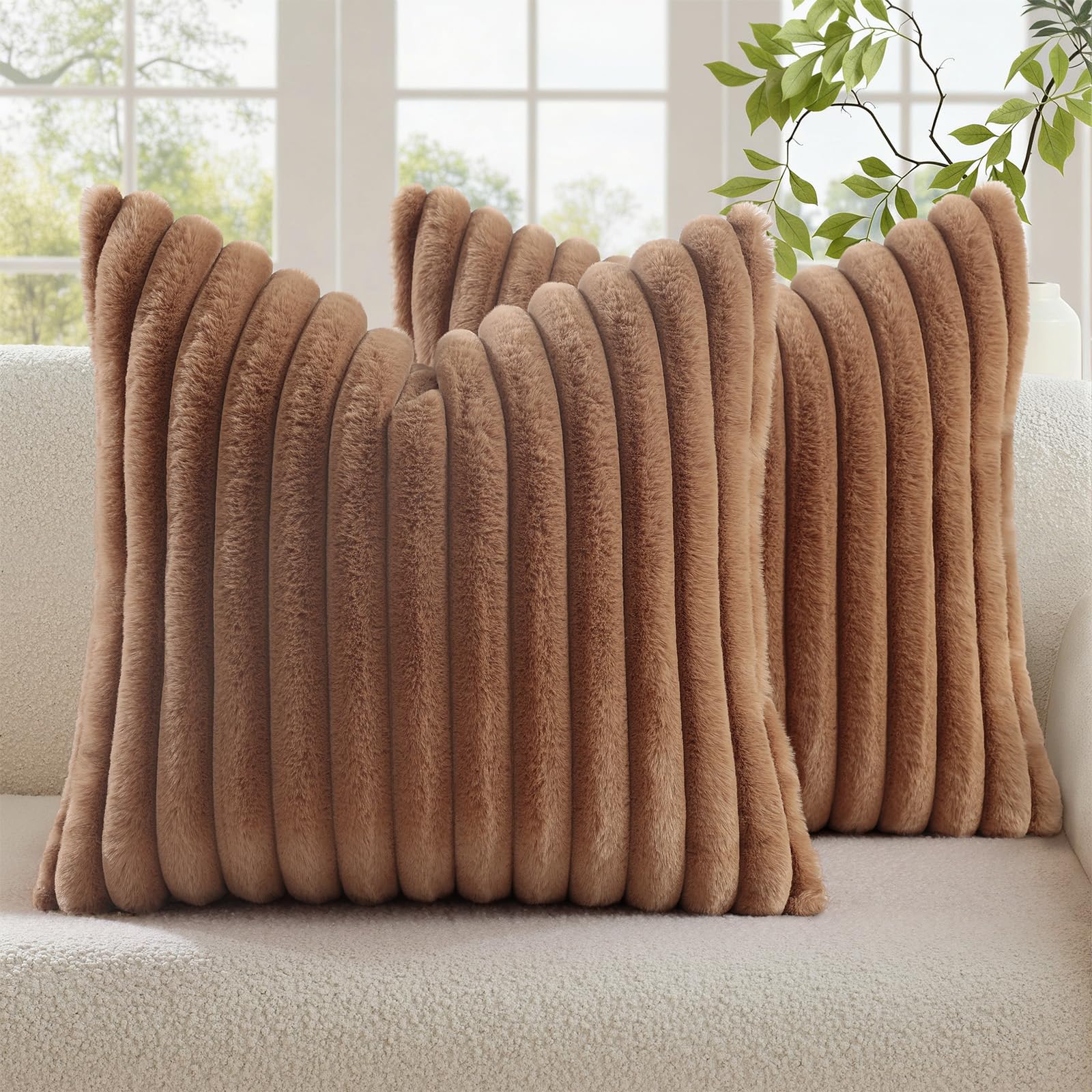 decorUhome Cozy Faux Fur Throw Pillow Covers 18x18 Set of 2 Decorative Soft Plush Striped Modern Farmhouse Boho Couch Pillow Cases with Velvet Back for Sofa Bed Living Room, Khaki Brown
