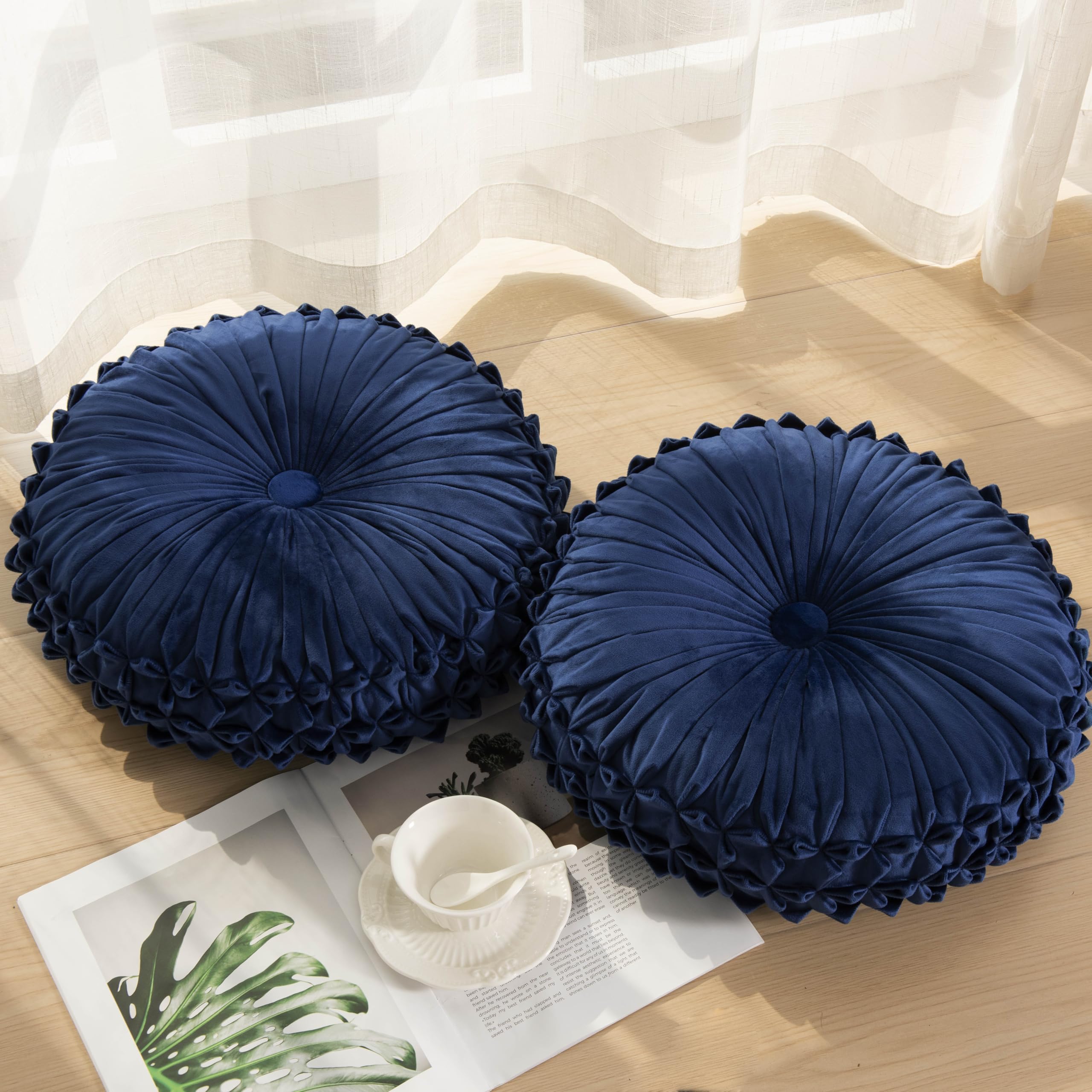 Round Throw Pillow Set of 2 – Decorative Velvet Ruched Pumpkin Pillows with Button Center, Soft Handmade Cushions for Couch Sofa Bed Farmhouse Vintage Rustic Decor, 14.5" R, Yellow