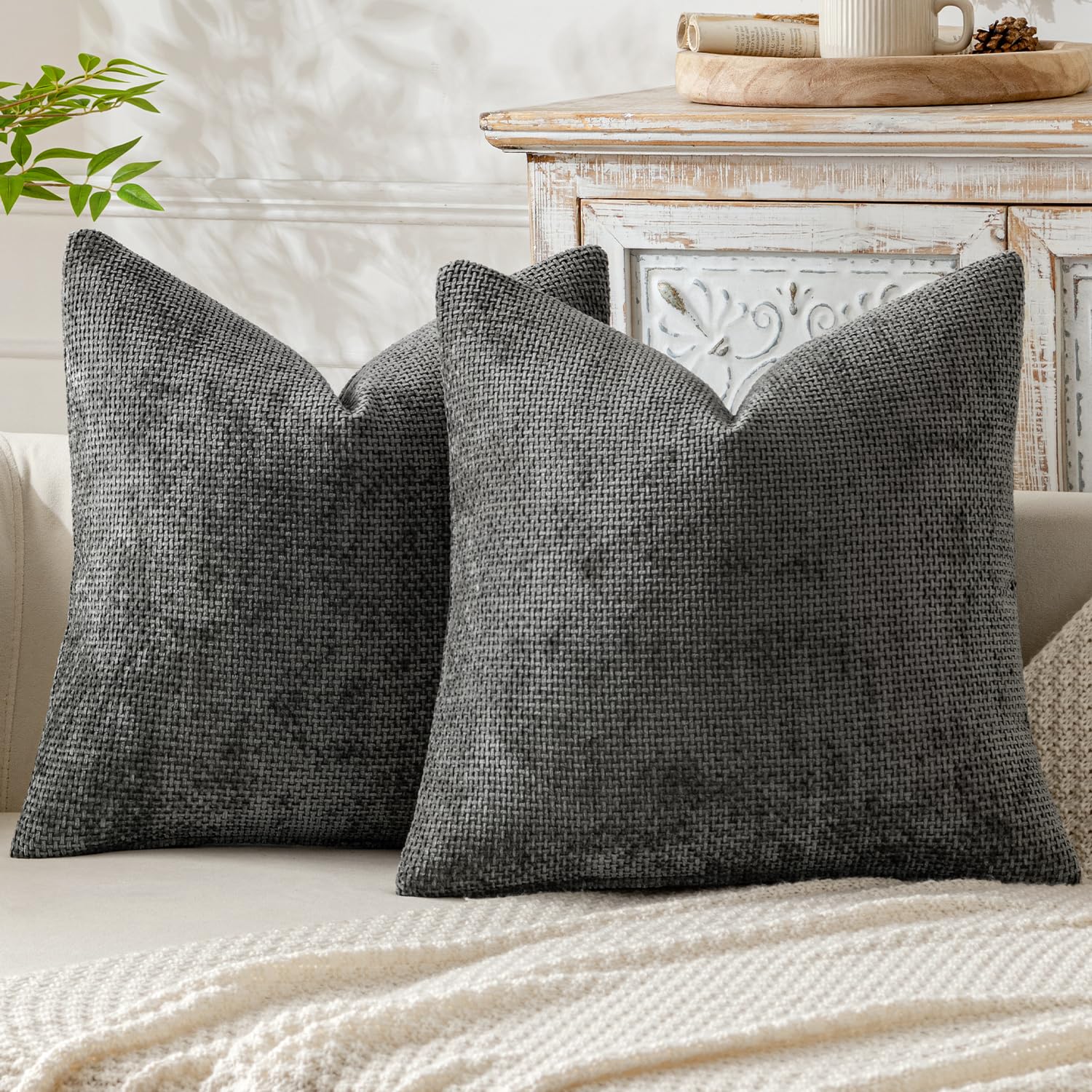 MIULEE Pack of 2 Couch Throw Pillow Covers 18x18 Inch Neutral Beige Modern Boho Accent Decorative Pillow Covers Soft Chenille Farmhouse Cushion Covers for Home Decor Bed Sofa Living Room