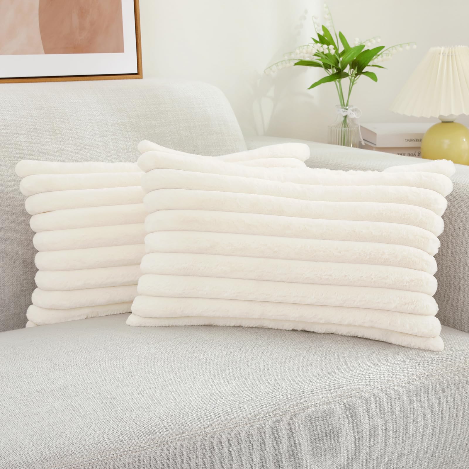 decorUhome Cozy Faux Fur Throw Pillow Covers 18x18 Set of 2 Decorative Soft Plush Striped Modern Farmhouse Boho Couch Pillow Cases with Velvet Back for Sofa Bed Living Room, Khaki Brown