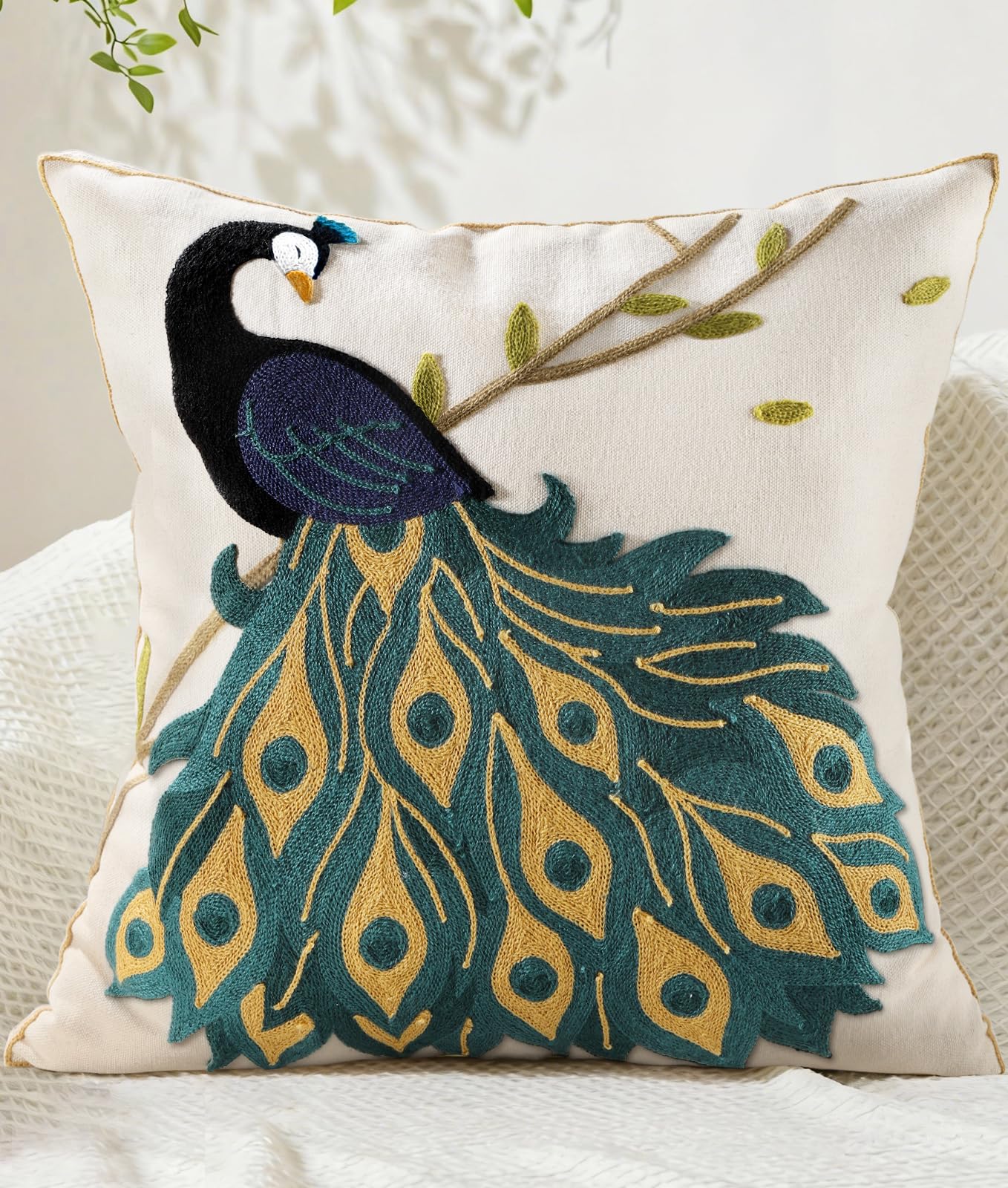 Embroidered Throw Pillow Cover 18x18 Inch - Spring Boho Decorative Pillow Covers with Zipper for Couch Sofa Bedroom Living Room Cushion Pillowcase, Birds Leaves
