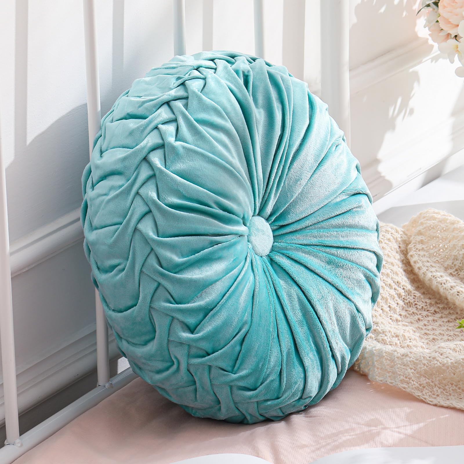 Drydiet 1 Pcs Round Throw Velvet Pillows Decorative Pleated Throw Pillows 15'' Diameter Accent Pumpkin Boho Chair Cushion for Couch Sofa Home Decoration (Olive Green)