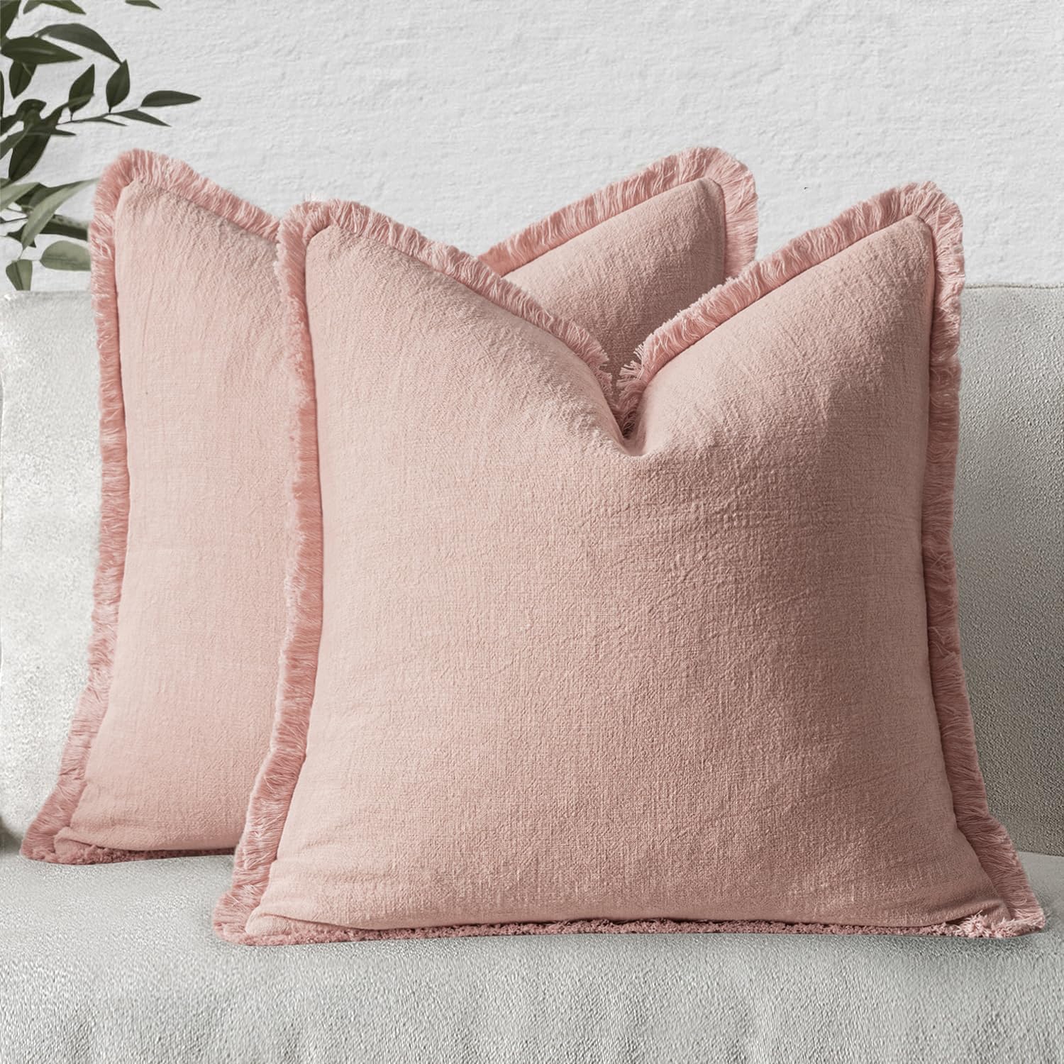 MIULEE Decorative Throw Pillow Covers Neutral Linen Fringe Throw Pillows Set of 2 Natural Beige Boho Farmhouse Cushion Covers with Tassels for Couch Sofa Bed Spring Home Decor 20x20 Inch