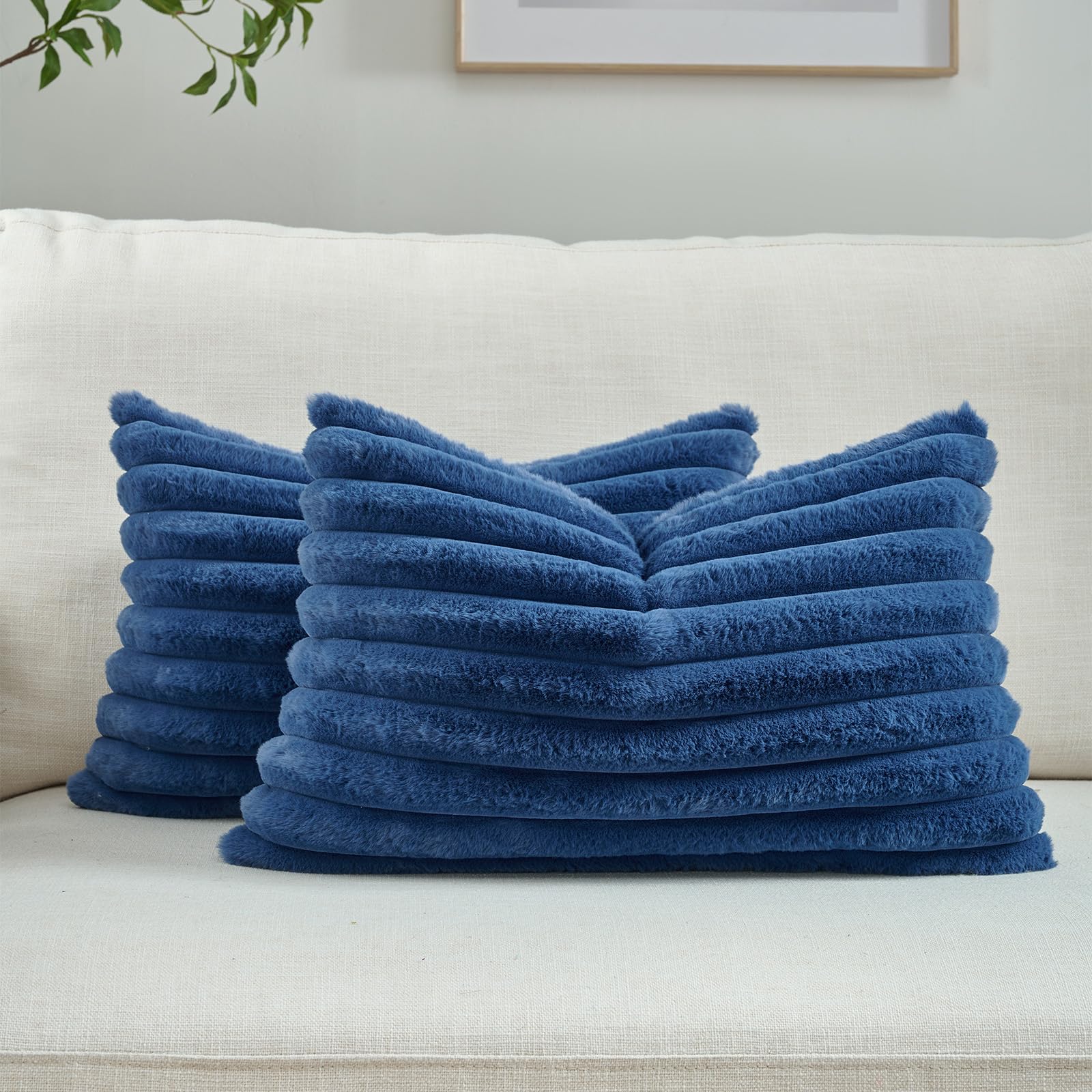 FUTEI Pack of 2 Solid Faux Fur Plush Throw Pillow Covers 18x18 Inch Soft Fluffy Striped Decorative Cushion Cases Modern Farmhouse Accent for Couch Bed Living Room, Cream White