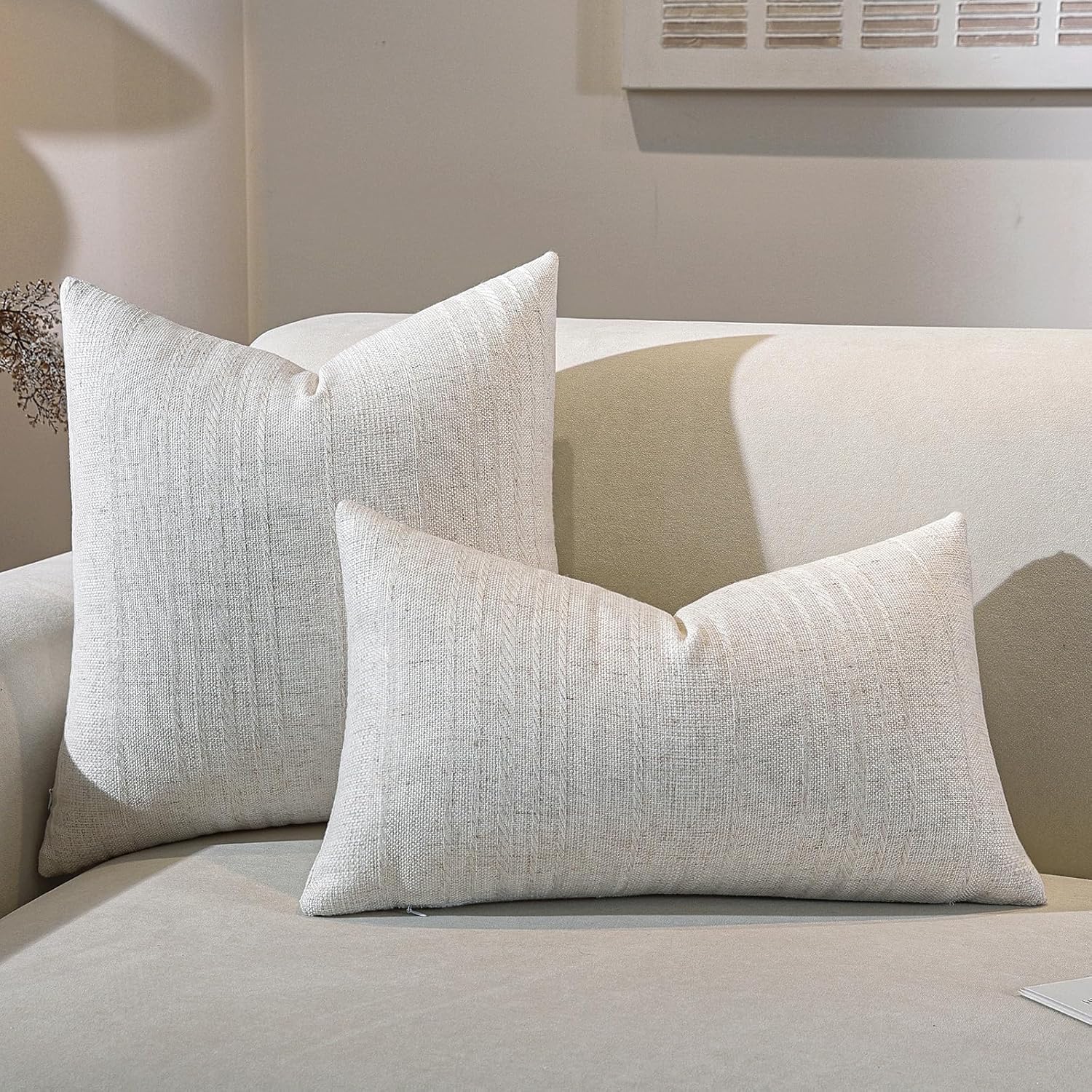 Decorative Neutral Striped Throw Pillow Covers Set of 2-18x18 Inch Boho Farmhouse Pillow Covers, Breathable & Soft Neutral Linen Blend Cushion Covers for Couch Sofa Bedroom Living Room