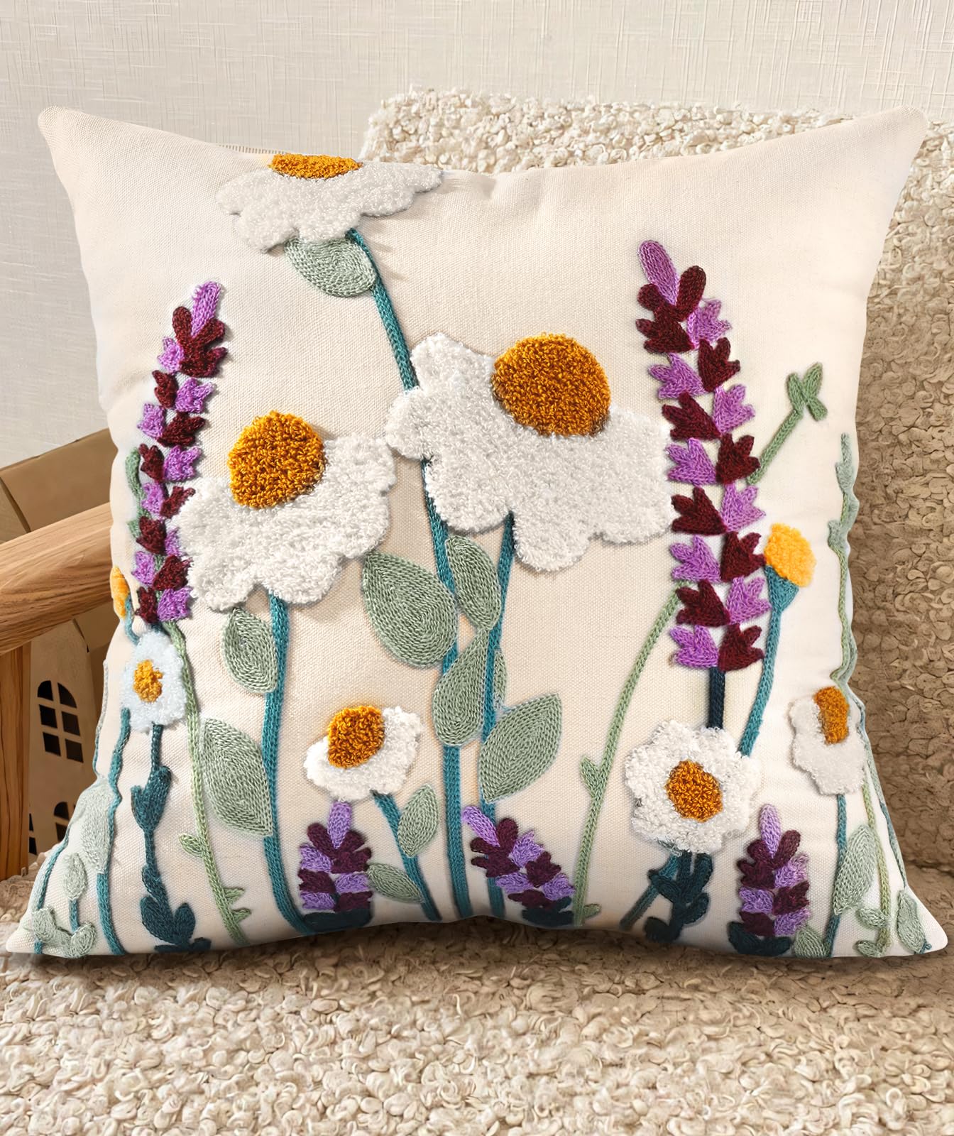 Embroidered Throw Pillow Cover - 18x18 Decorative Pillow Cover with Zipper Aesthetic Cute Design Boho Spring Summer Throw Pillowcase for Living Room Couch Sofa Bed, Flower Cats