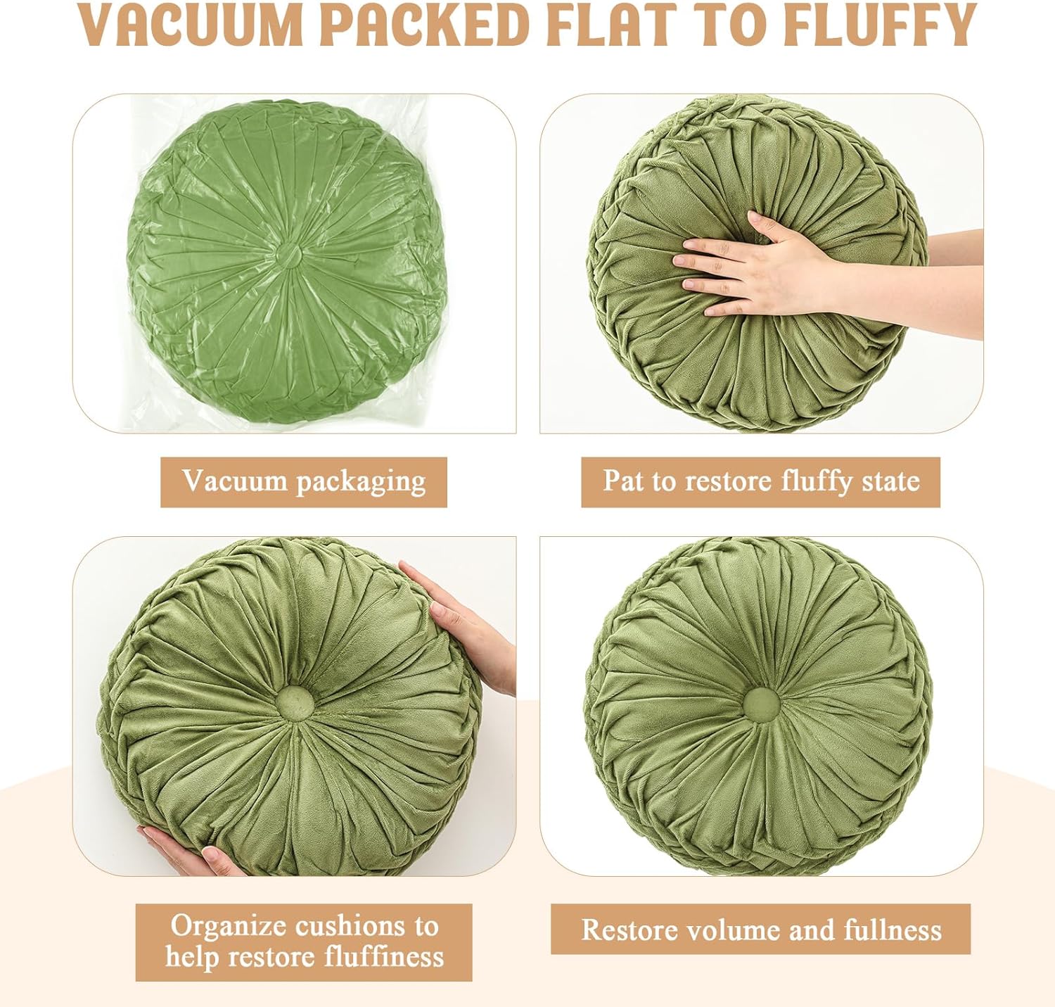 Drydiet 1 Pcs Round Throw Velvet Pillows Decorative Pleated Throw Pillows 15'' Diameter Accent Pumpkin Boho Chair Cushion for Couch Sofa Home Decoration (Olive Green)