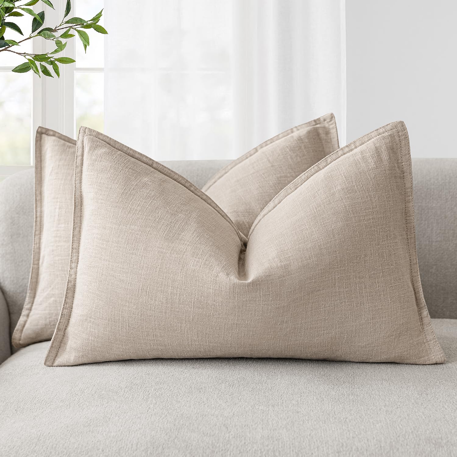Foindtower Set of 2, Decorative Linen Soild Throw Pillow Covers Soft Accent Cushion Euro Case Boho Farmhouse Pillowcase for Chair Couch Sofa Bedroom Living Room Home Decor 20 x 20 Inch Natural Linen