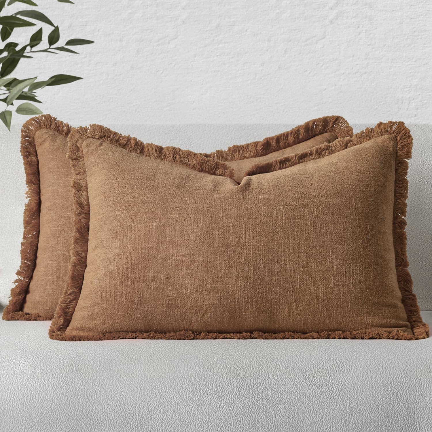 MIULEE Decorative Throw Pillow Covers Neutral Linen Fringe Throw Pillows Set of 2 Natural Beige Boho Farmhouse Cushion Covers with Tassels for Couch Sofa Bed Spring Home Decor 20x20 Inch