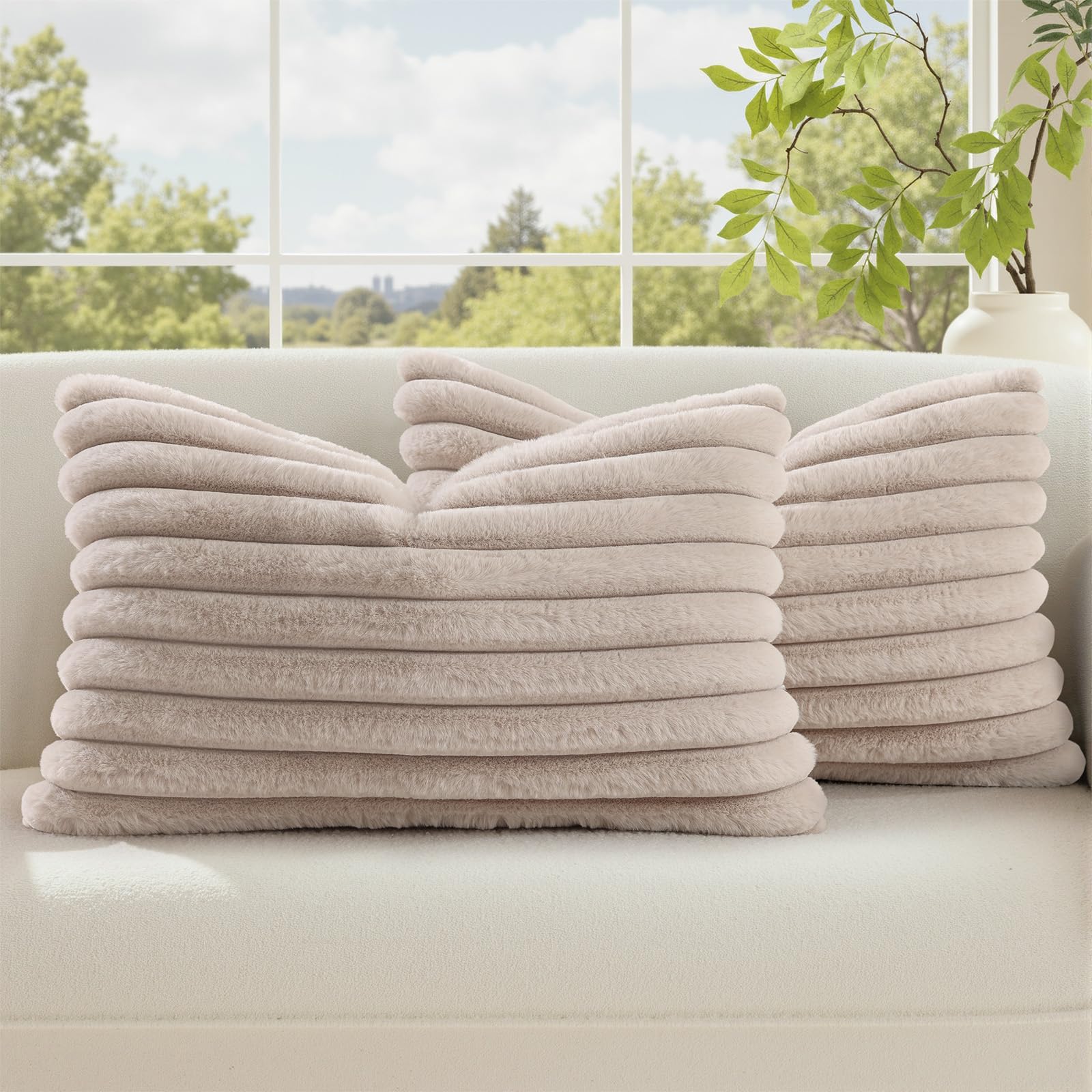 decorUhome Cozy Faux Fur Throw Pillow Covers 18x18 Set of 2 Decorative Soft Plush Striped Modern Farmhouse Boho Couch Pillow Cases with Velvet Back for Sofa Bed Living Room, Khaki Brown