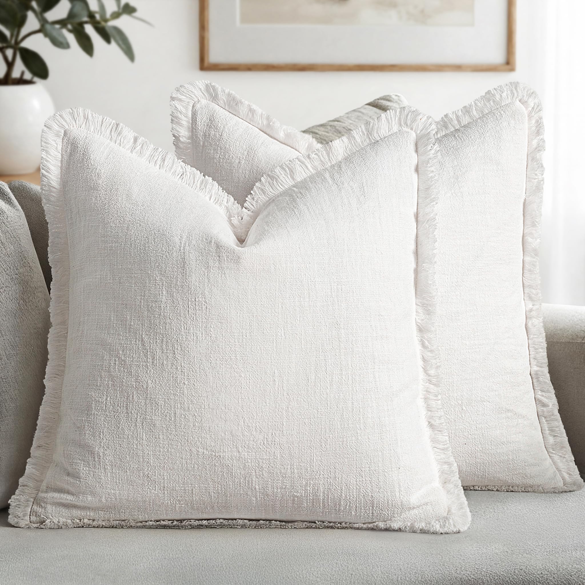 MIULEE Decorative Throw Pillow Covers Neutral Linen Fringe Throw Pillows Set of 2 Natural Beige Boho Farmhouse Cushion Covers with Tassels for Couch Sofa Bed Spring Home Decor 20x20 Inch