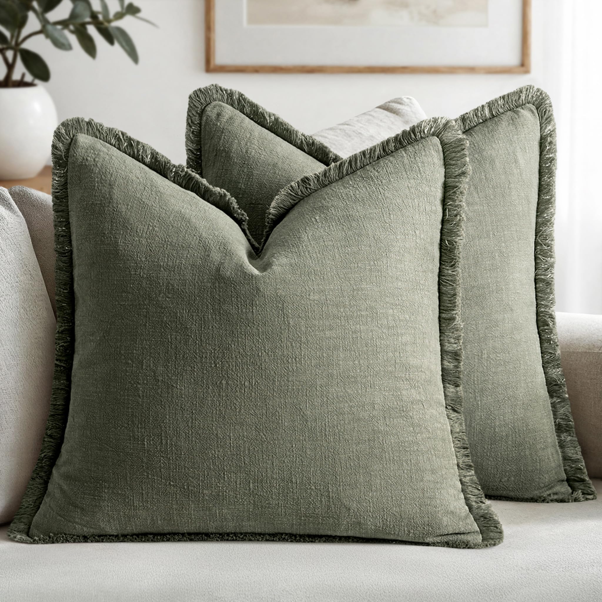 MIULEE Decorative Throw Pillow Covers Neutral Linen Fringe Throw Pillows Set of 2 Natural Beige Boho Farmhouse Cushion Covers with Tassels for Couch Sofa Bed Spring Home Decor 20x20 Inch