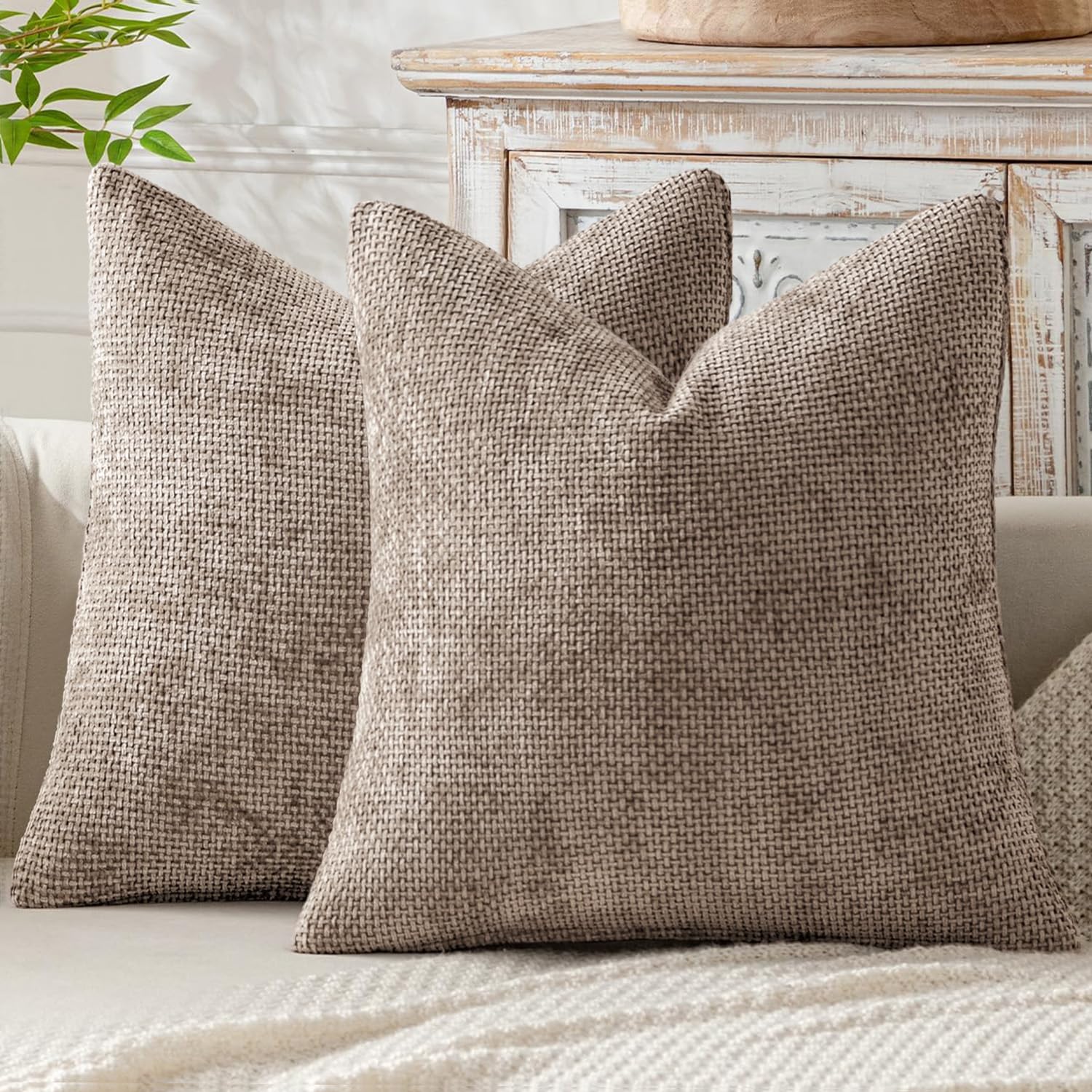 MIULEE Pack of 2 Couch Throw Pillow Covers 18x18 Inch Neutral Beige Modern Boho Accent Decorative Pillow Covers Soft Chenille Farmhouse Cushion Covers for Home Decor Bed Sofa Living Room