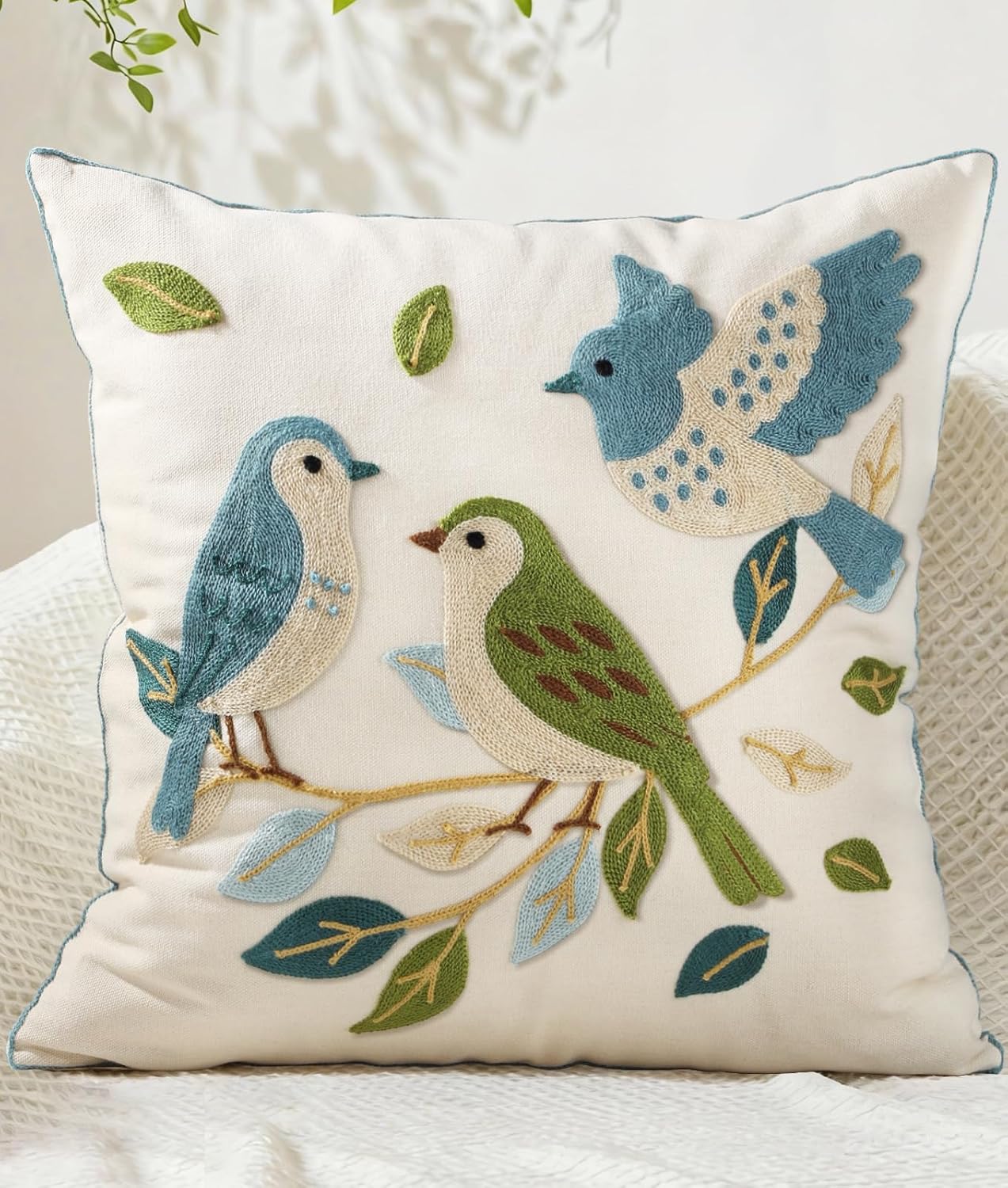 Embroidered Throw Pillow Cover 18x18 Inch - Spring Boho Decorative Pillow Covers with Zipper for Couch Sofa Bedroom Living Room Cushion Pillowcase, Birds Leaves