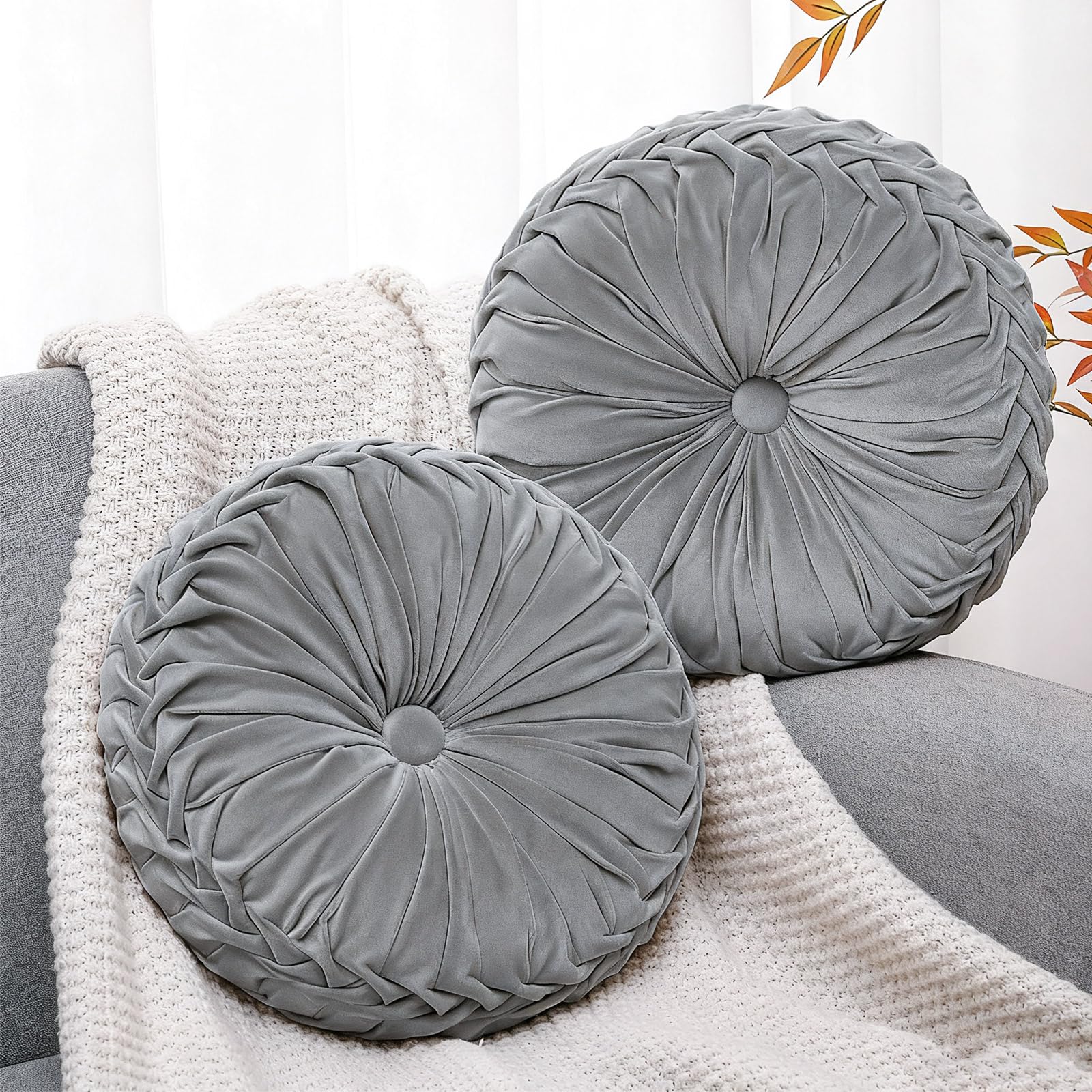 Beeveer 2 Pcs Round Throw Pillows 15 Inch Decorative Velvet Pleated Pumpkin Pillows Boho Floor Pillow with Center Button for Living Room Couch Chair Bed Sofa Home Decoration (Ivory)
