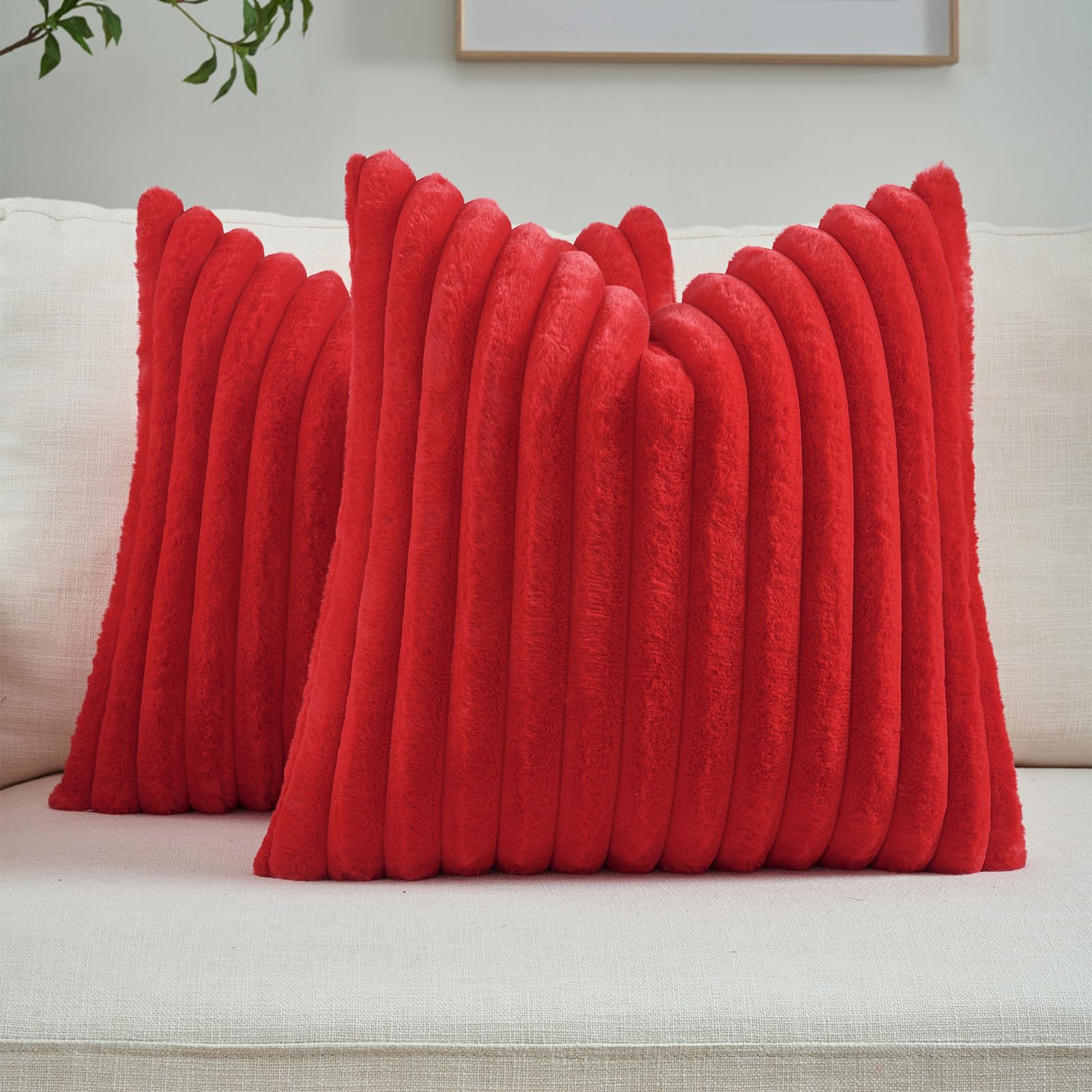 FUTEI Pack of 2 Solid Faux Fur Plush Throw Pillow Covers 18x18 Inch Soft Fluffy Striped Decorative Cushion Cases Modern Farmhouse Accent for Couch Bed Living Room, Cream White