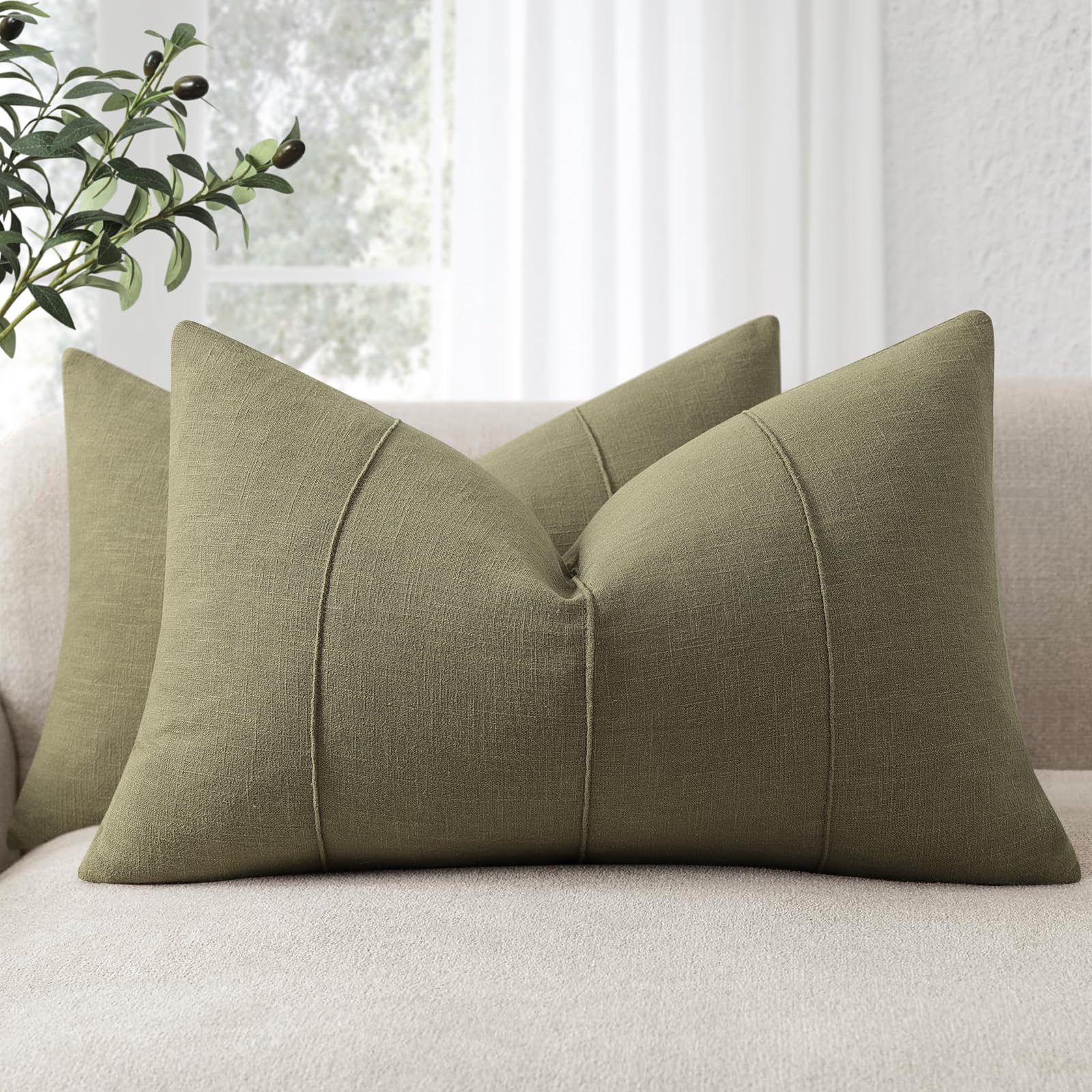 Decorative Linen Throw Pillow Covers 22x22 Set of 2 Solid handcrafted Striped Cushion Covers for Bed Soft Modern Farmhouse Neutral Pillowcase for Couch Bedroom Living Room Home Decor(Cream White)