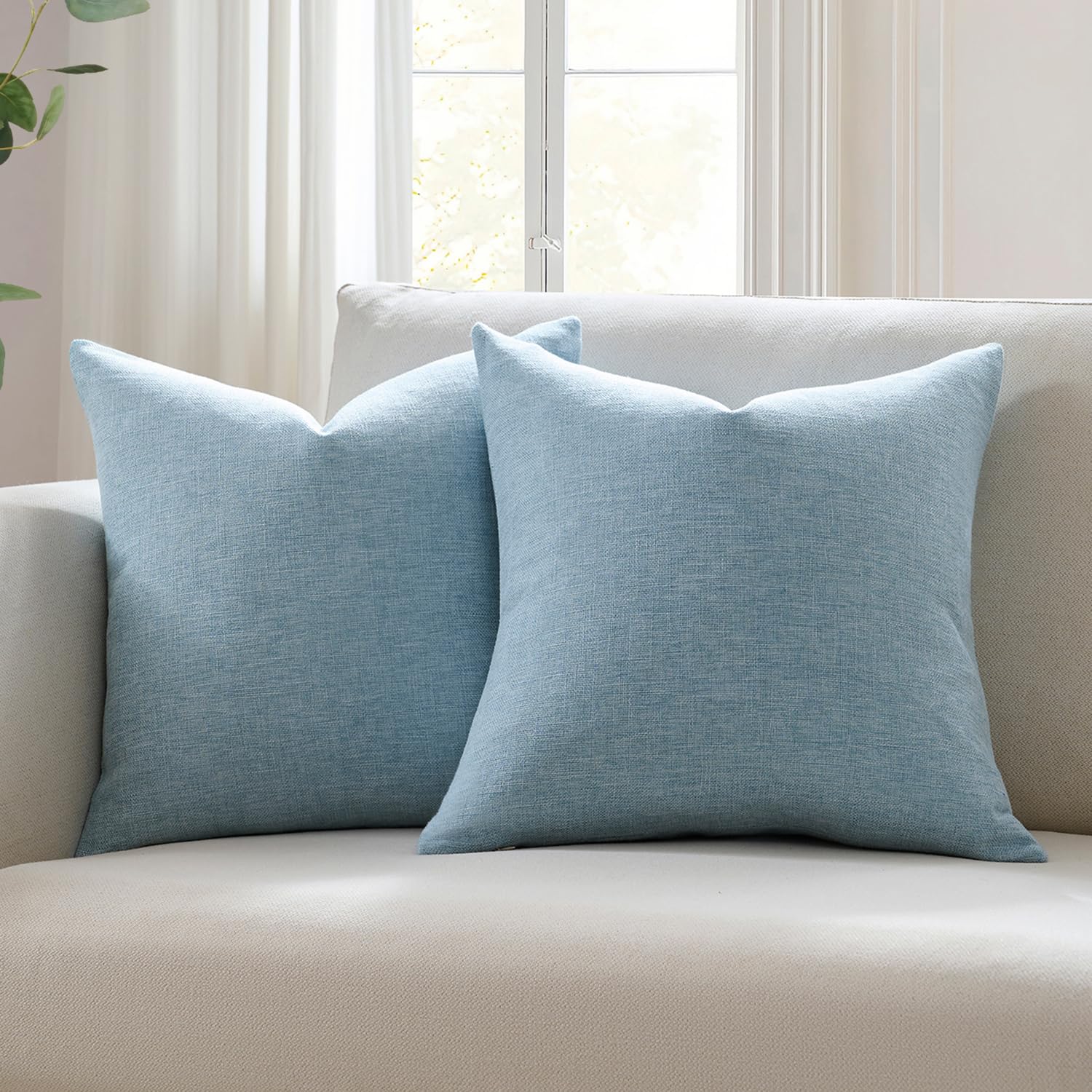 Meekio Set of 2 Ivory Throw Pillow Covers 22x22, Modern Farmhouse Linen Blend Decorative Pillow Covers for Couch Sofa Bed, Neutral Home Decor