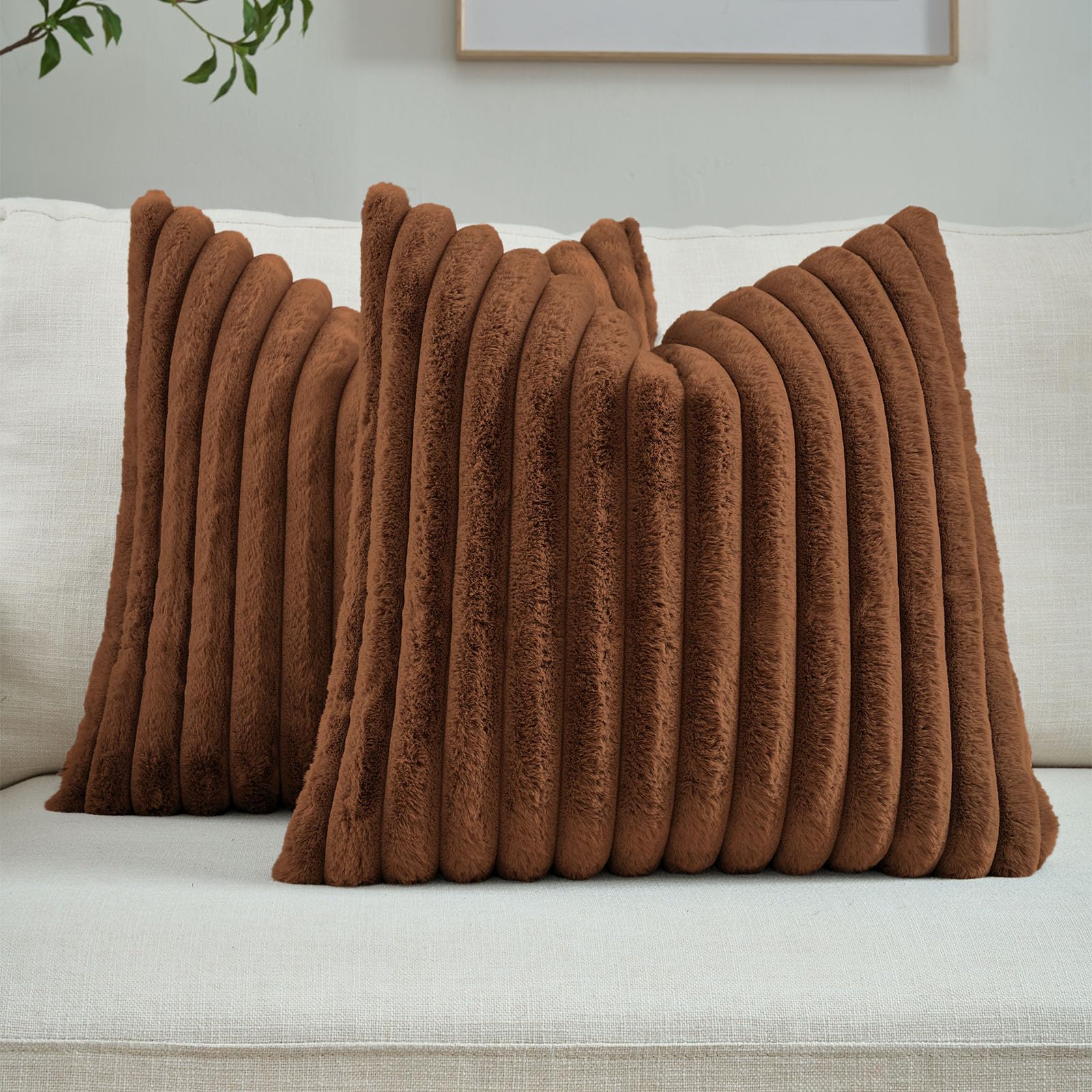 FUTEI Pack of 2 Solid Faux Fur Plush Throw Pillow Covers 18x18 Inch Soft Fluffy Striped Decorative Cushion Cases Modern Farmhouse Accent for Couch Bed Living Room, Cream White