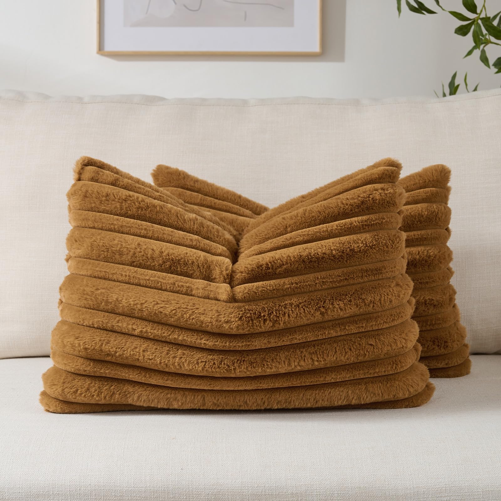 FUTEI Camel Decorative Throw Pillow Covers 18x18 Inch Set of 2,Soft Fluffy Faux Rabbit Fur Thick & Thin Striped Textured Cushion Case,Modern Home Decor for Couch Bed Living Room