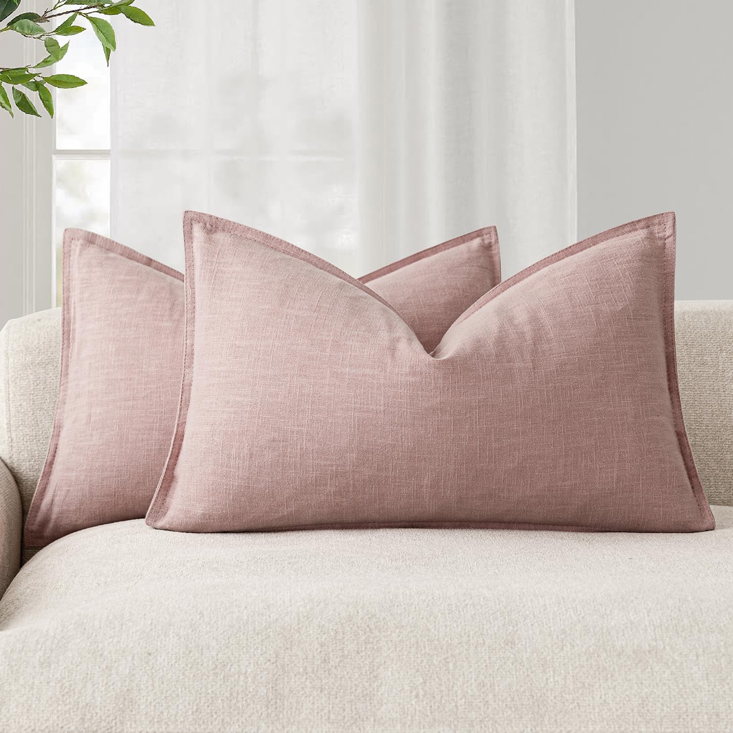 Foindtower Set of 2, Decorative Linen Soild Throw Pillow Covers Soft Accent Cushion Euro Case Boho Farmhouse Pillowcase for Chair Couch Sofa Bedroom Living Room Home Decor 20 x 20 Inch Natural Linen