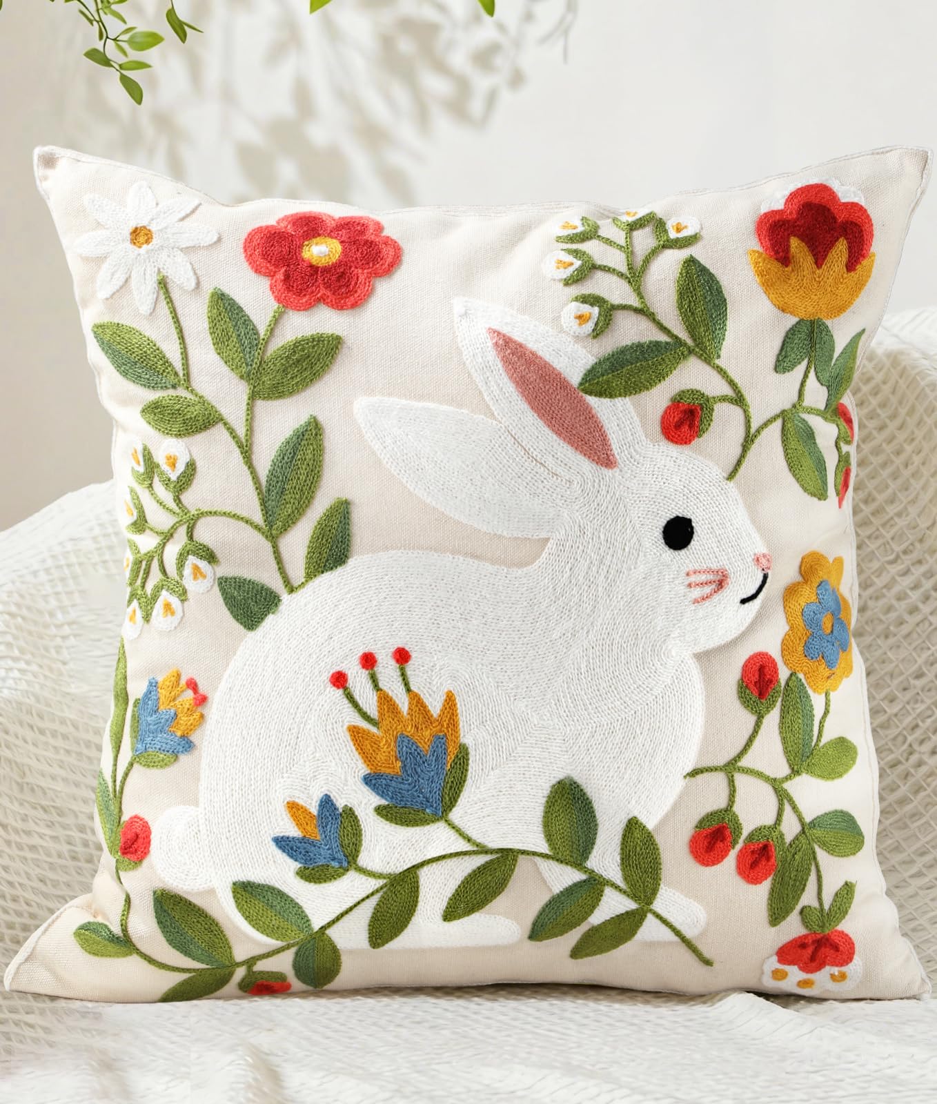 Embroidered Throw Pillow Cover 18x18 Inch - Spring Boho Decorative Pillow Covers with Zipper for Couch Sofa Bedroom Living Room Cushion Pillowcase, Birds Leaves