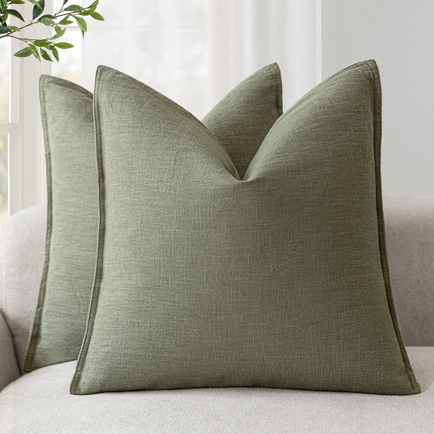 Foindtower Set of 2, Decorative Linen Soild Throw Pillow Covers Soft Accent Cushion Euro Case Boho Farmhouse Pillowcase for Chair Couch Sofa Bedroom Living Room Home Decor 20 x 20 Inch Natural Linen