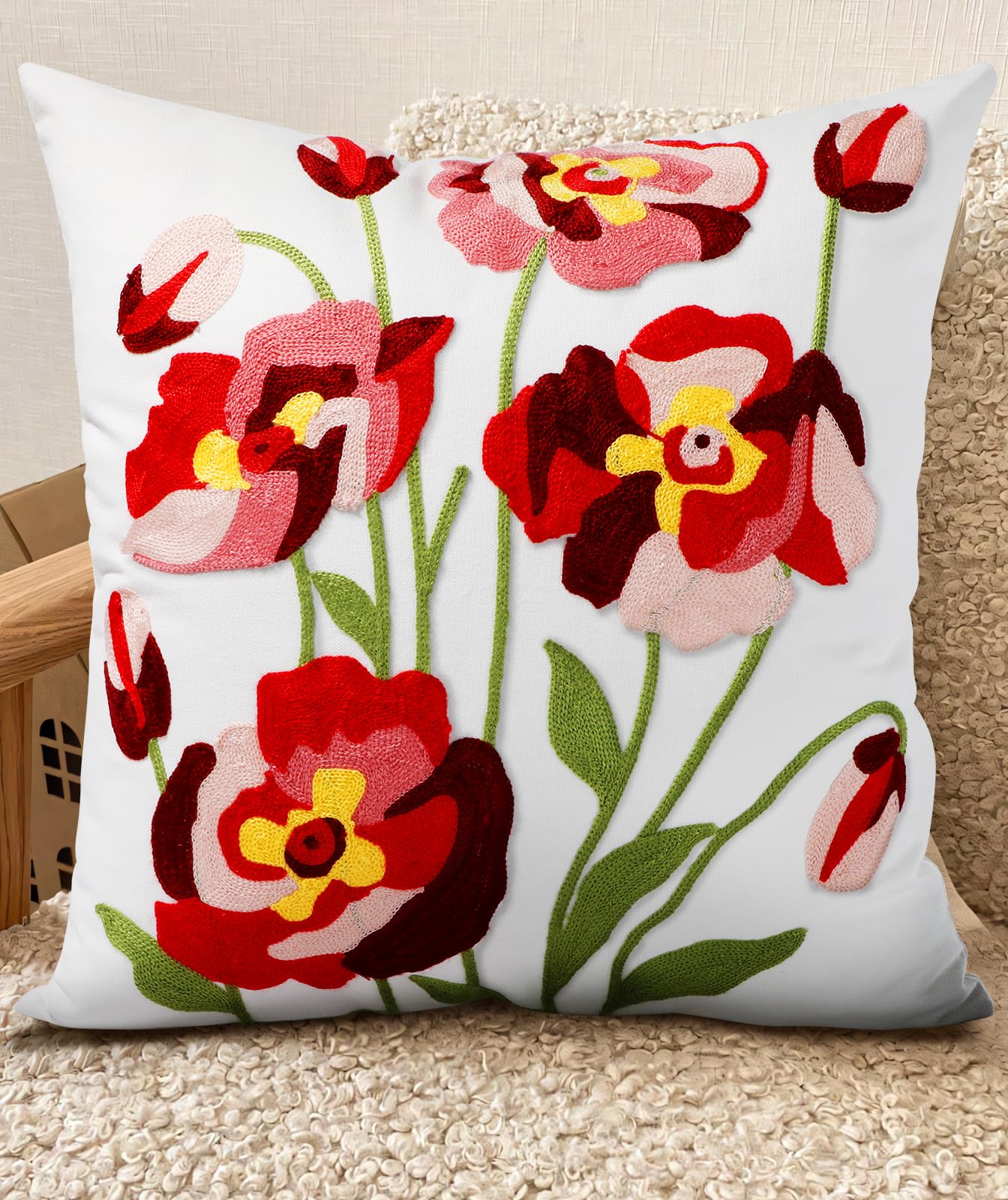 Embroidered Throw Pillow Cover - 18x18 Decorative Pillow Cover with Zipper Aesthetic Cute Design Boho Spring Summer Cozy Throw Pillowcase for Living Room Couch Sofa Bed, White Daisy