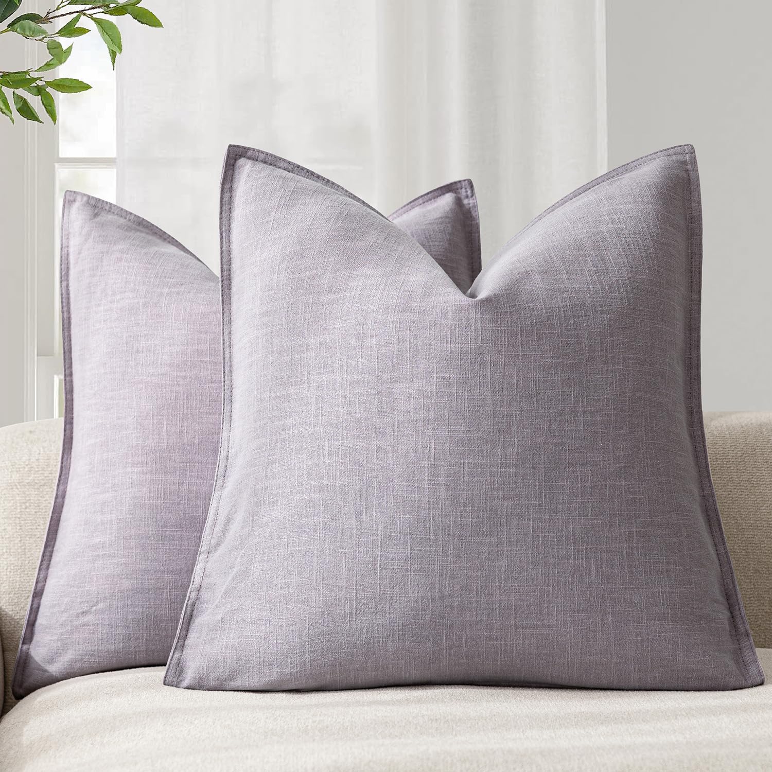 Foindtower Set of 2, Decorative Linen Soild Throw Pillow Covers Soft Accent Cushion Euro Case Boho Farmhouse Pillowcase for Chair Couch Sofa Bedroom Living Room Home Decor 20 x 20 Inch Natural Linen