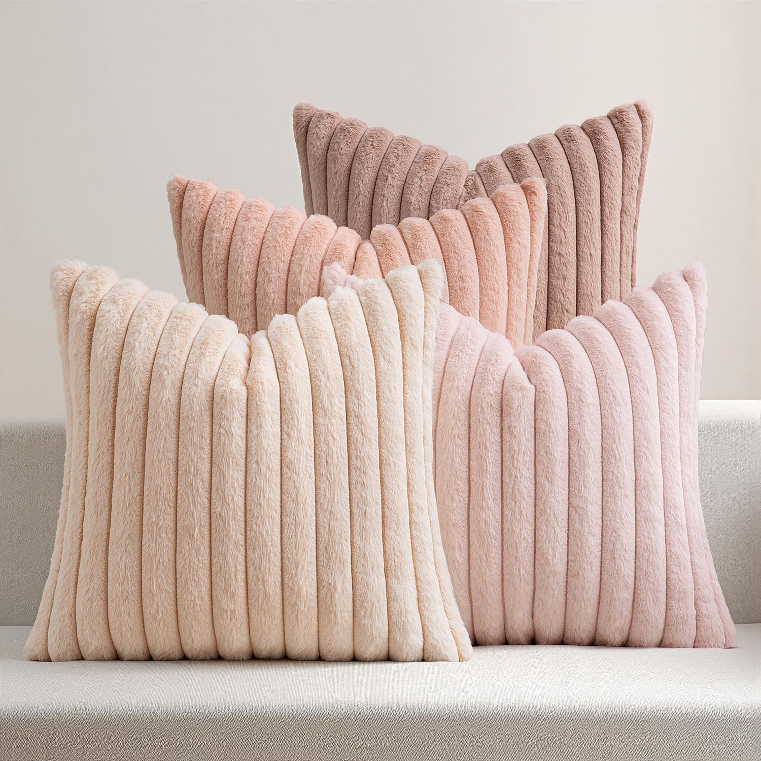 MIULEE Faux Fur Plush Decorative Throw Pillow Covers 18x18 Set of 4, Summer Modern Soft Fuzzy Coastal Striped Cushion Covers for Sofa Couch Bed Living Room Cozy Home Decor,Navy Blue