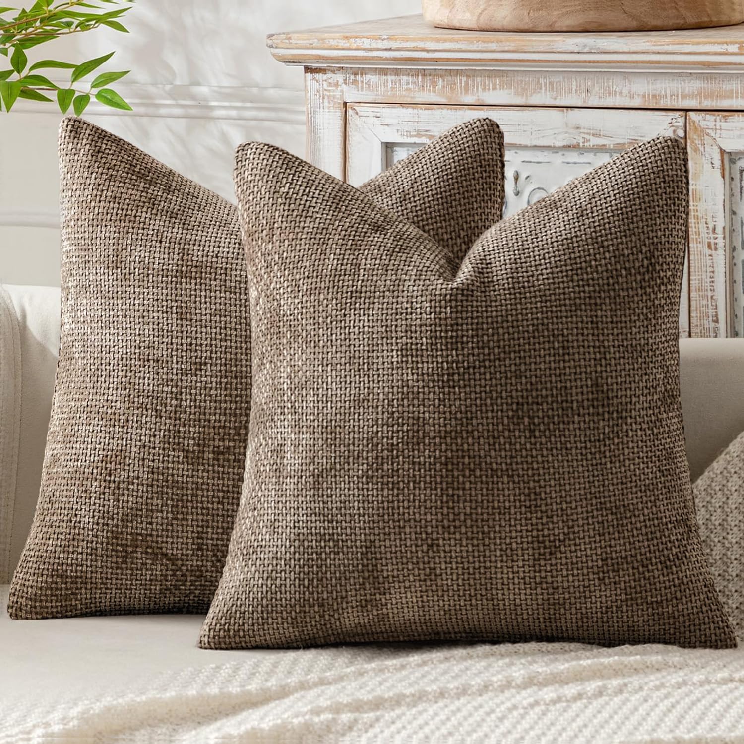 MIULEE Pack of 2 Couch Throw Pillow Covers 18x18 Inch Neutral Beige Modern Boho Accent Decorative Pillow Covers Soft Chenille Farmhouse Cushion Covers for Home Decor Bed Sofa Living Room