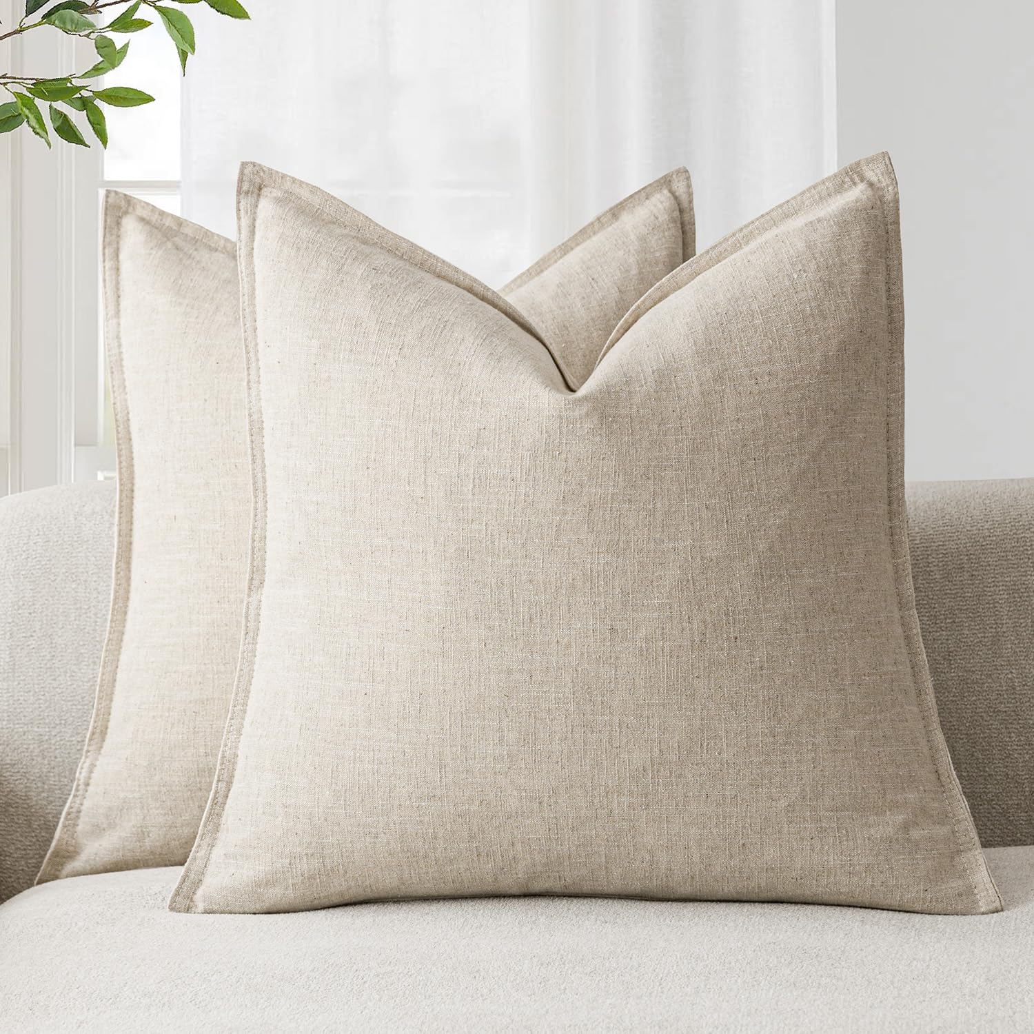 Foindtower Set of 2, Decorative Linen Soild Throw Pillow Covers Soft Accent Cushion Euro Case Boho Farmhouse Pillowcase for Chair Couch Sofa Bedroom Living Room Home Decor 20 x 20 Inch Natural Linen