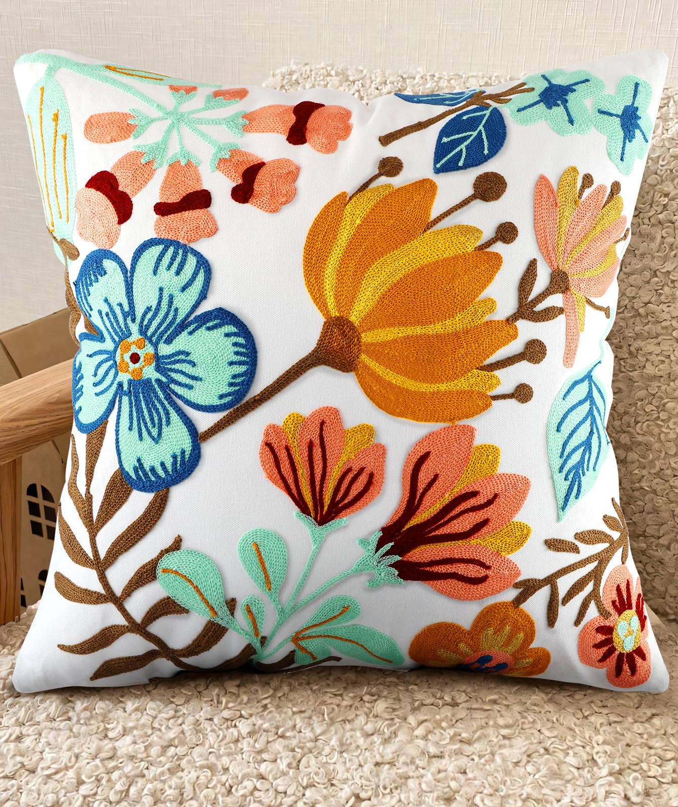 Embroidered Throw Pillow Cover - 18x18 Decorative Pillow Cover with Zipper Aesthetic Cute Design Boho Spring Summer Cozy Throw Pillowcase for Living Room Couch Sofa Bed, Plants