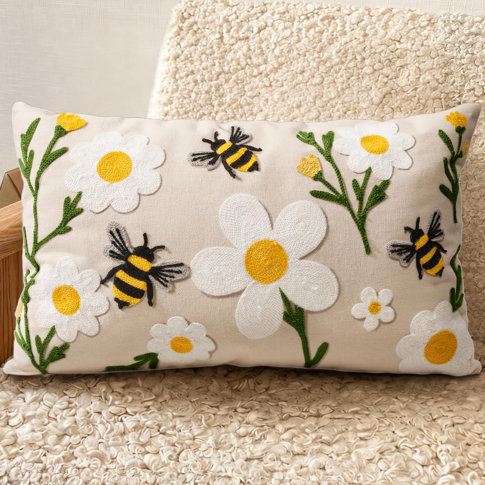 Embroidered Throw Pillow Cover 18x18 Inch - Spring Summer Boho Decorative Pillow Cover with Zipper for Living Room Couch Sofa Bed Aesthetic Design Flower Cluster Cushion Pillowcase