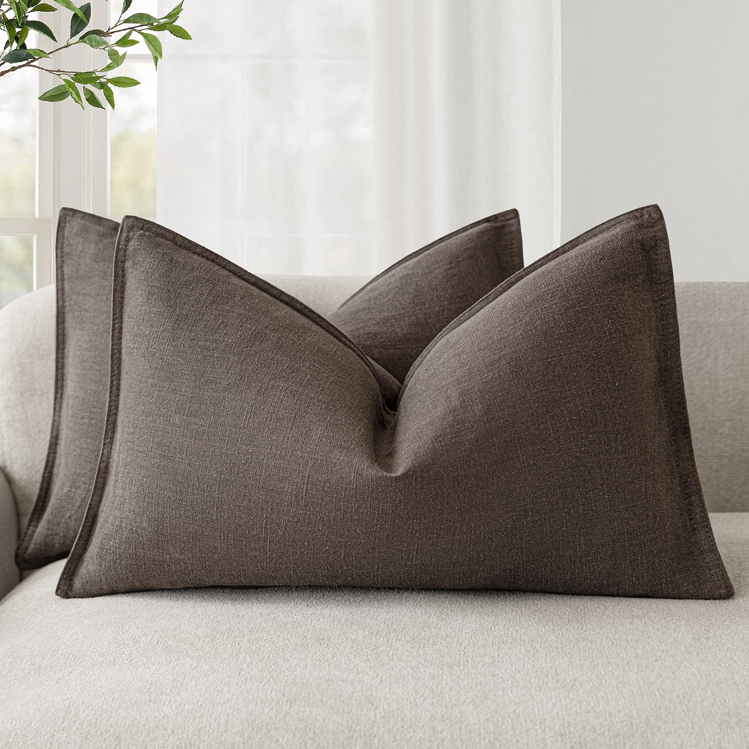 Foindtower Set of 2, Decorative Linen Soild Throw Pillow Covers Soft Accent Cushion Euro Case Boho Farmhouse Pillowcase for Chair Couch Sofa Bedroom Living Room Home Decor 20 x 20 Inch Natural Linen