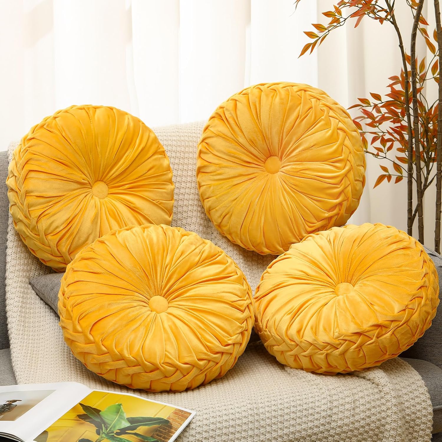 Beeveer 4 Pcs Round Throw Pillows 15 Inch Decorative Velvet Pleated Pumpkin Pillows Boho Floor Pillow with Center Button for Living Room Couch Chair Bed Sofa Home Decoration (Yellow)