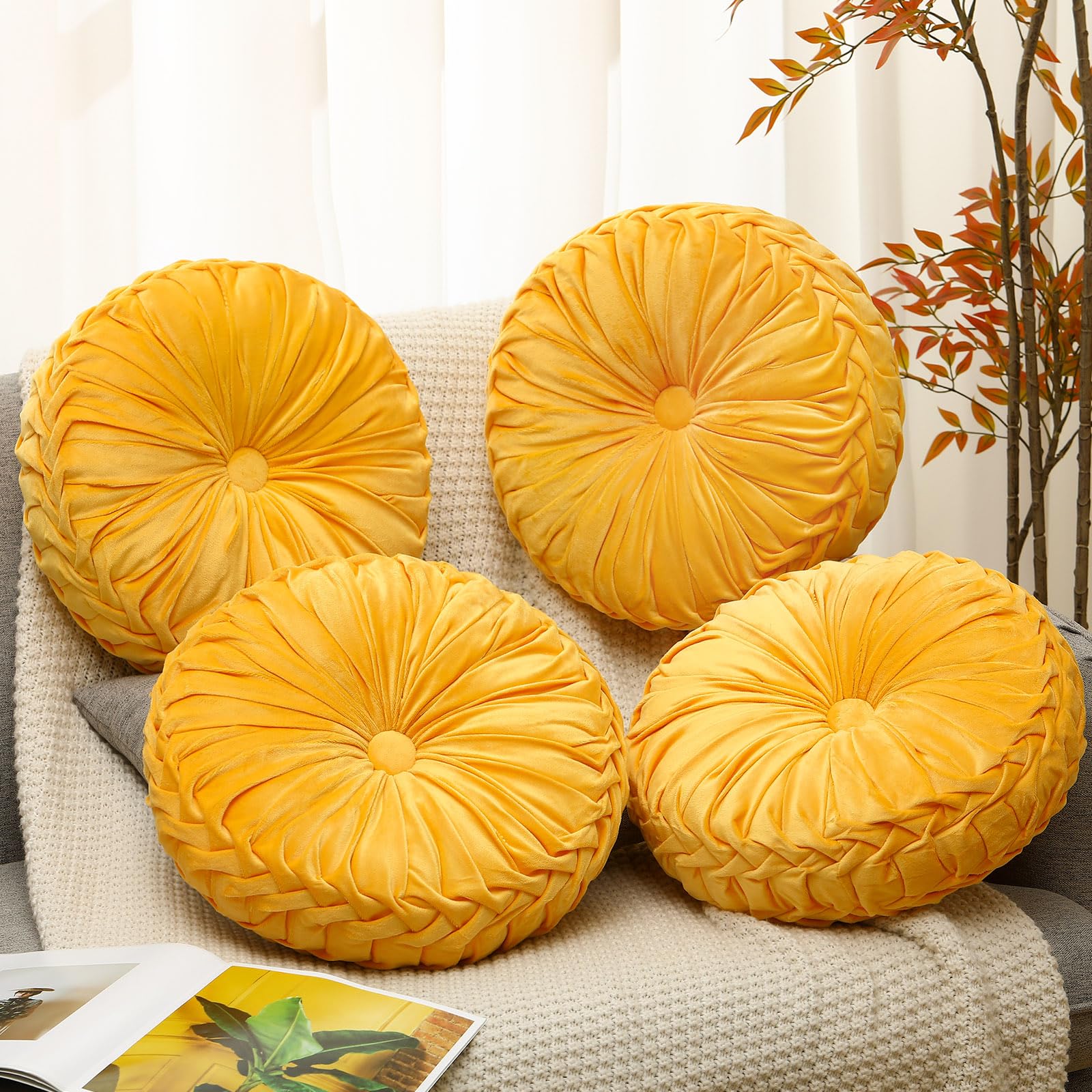 Beeveer 2 Pcs Round Throw Pillows 15 Inch Decorative Velvet Pleated Pumpkin Pillows Boho Floor Pillow with Center Button for Living Room Couch Chair Bed Sofa Home Decoration (Ivory)