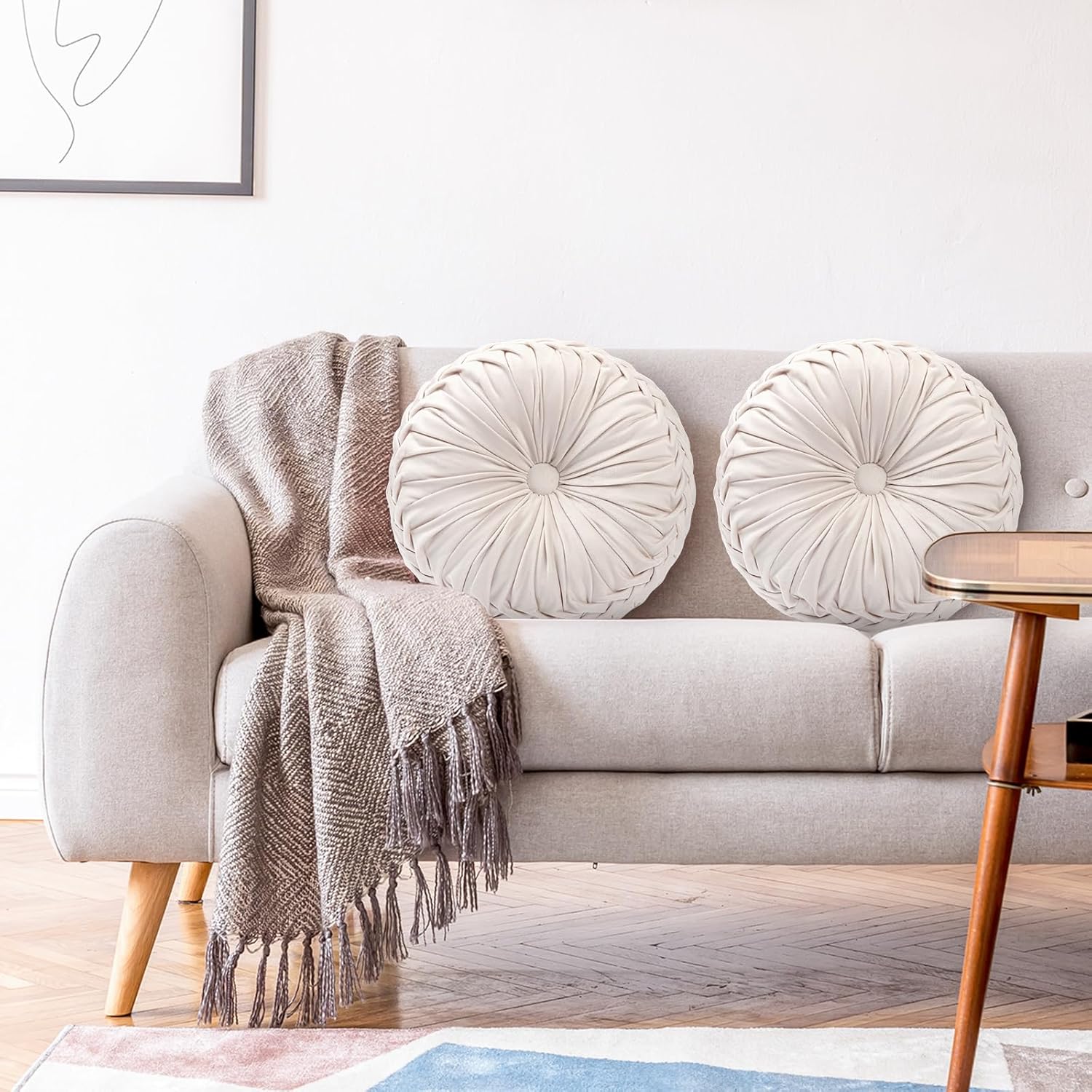 Beeveer 2 Pcs Round Throw Pillows 15 Inch Decorative Velvet Pleated Pumpkin Pillows Boho Floor Pillow with Center Button for Living Room Couch Chair Bed Sofa Home Decoration (Ivory)