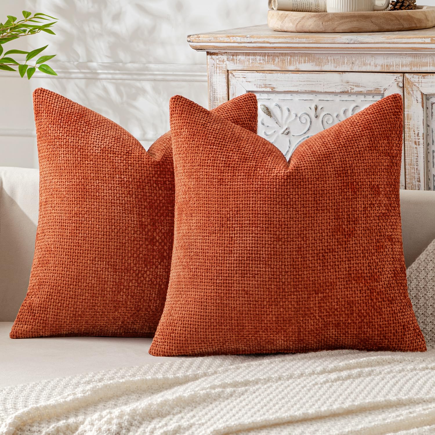 MIULEE Pack of 2 Couch Throw Pillow Covers 18x18 Inch Neutral Beige Modern Boho Accent Decorative Pillow Covers Soft Chenille Farmhouse Cushion Covers for Home Decor Bed Sofa Living Room