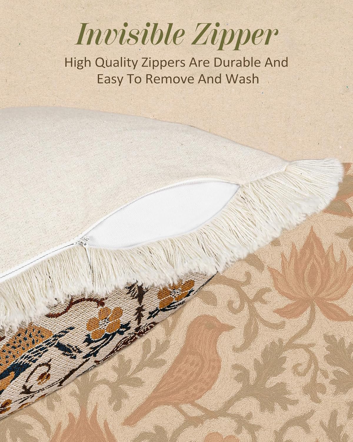 Decorative Throw Pillow Cover 18x18 - Vintage Pillowcovers with Fringe Bird Flower Cute Embroidered Pillow Case with Zipper for Living Room Couch Sofa Bed Rustic Boho Design Abstract