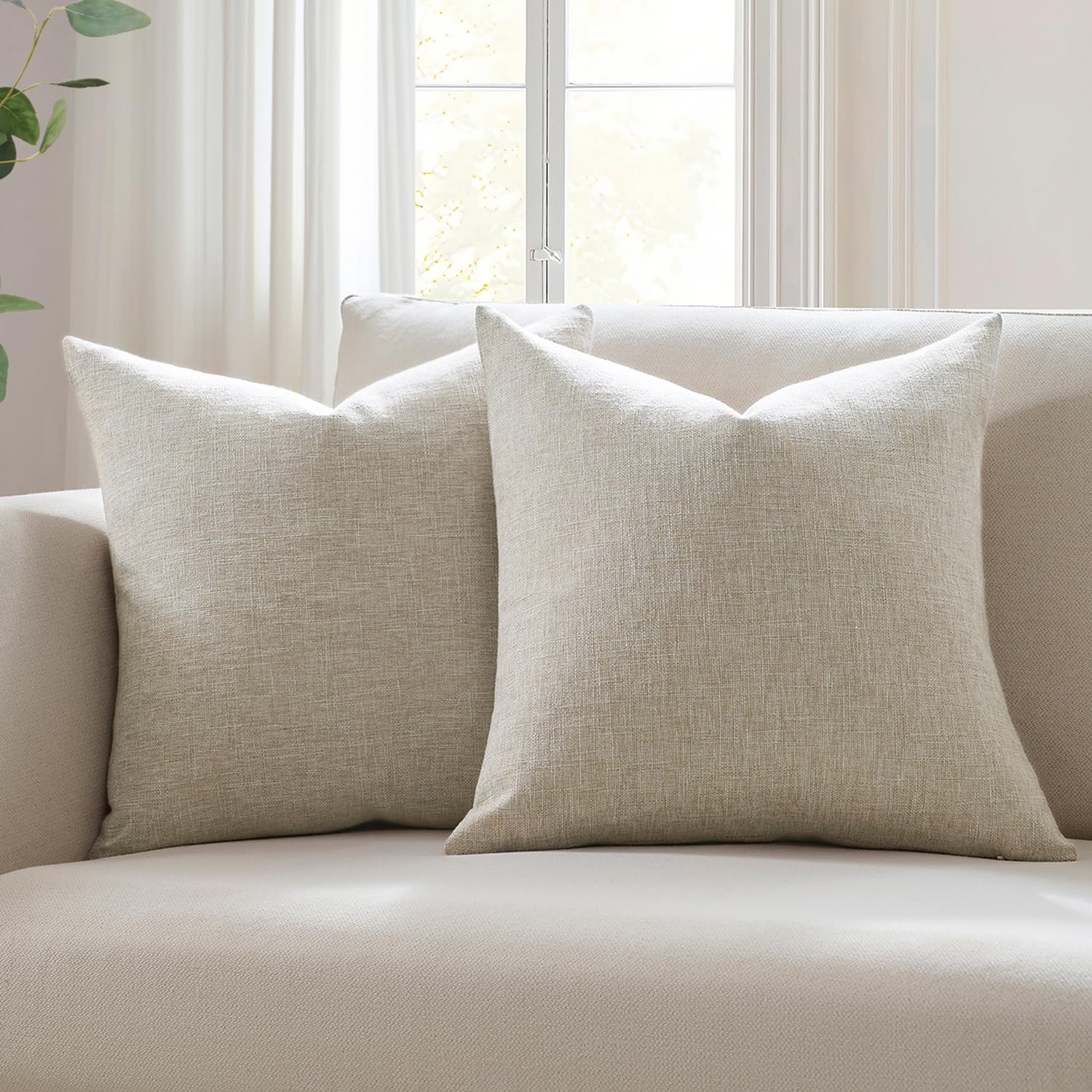 Meekio Set of 2 Ivory Throw Pillow Covers 22x22, Modern Farmhouse Linen Blend Decorative Pillow Covers for Couch Sofa Bed, Neutral Home Decor