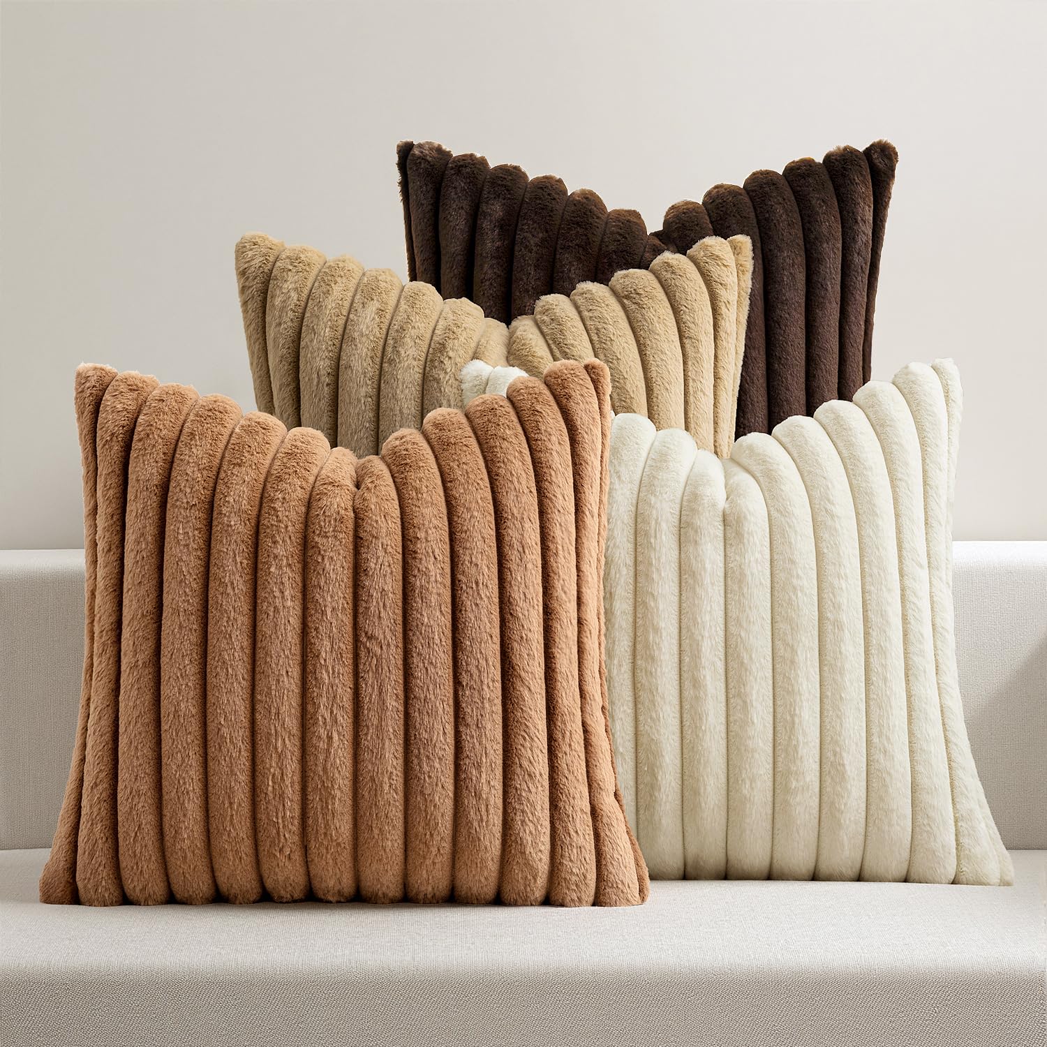 MIULEE Faux Fur Plush Decorative Throw Pillow Covers 18x18 Set of 4, Summer Modern Soft Fuzzy Coastal Striped Cushion Covers for Sofa Couch Bed Living Room Cozy Home Decor,Navy Blue